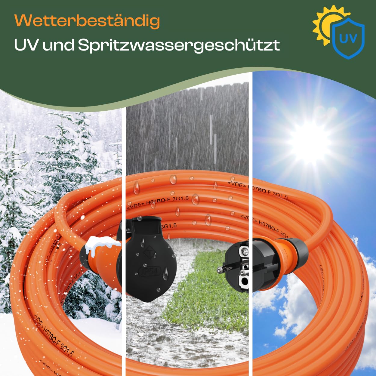 Verlängerungskabel 10 Meter IP54 Außen Verlängerung 10m Stromkabel Außenbereich Kabel Strom Verlaengerungskabel Gummikabel H07BQ-F 3x1,5 Schuko Outdoor Extension Cord