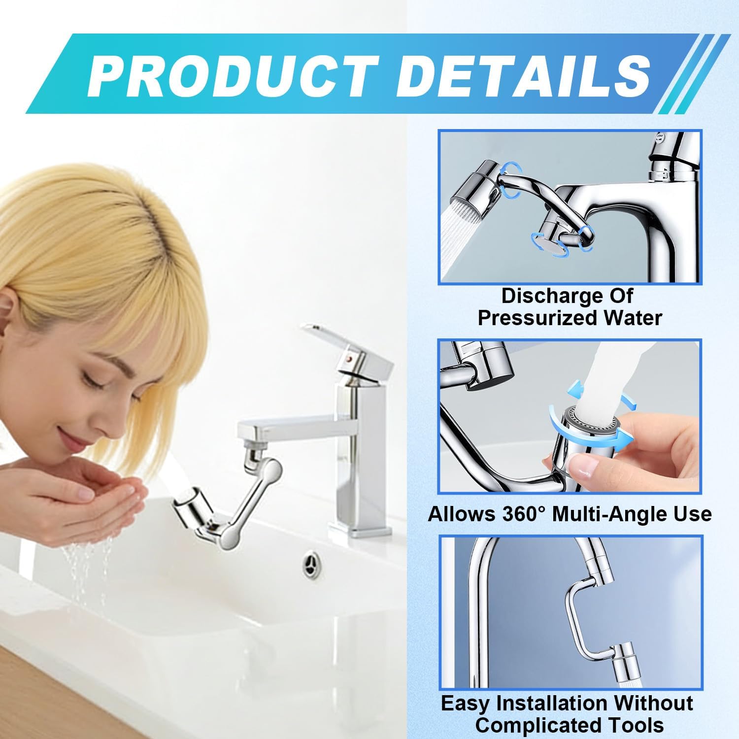 2 PCS 1440°Rotatable Faucet Aerator Extension, 1080°Multifunctional Swivel Faucet Aerator Extender with 2 Mode Adjustable, 360°Rotating Universal Extender U Shape for Kitchen Bathroom Sink Silver