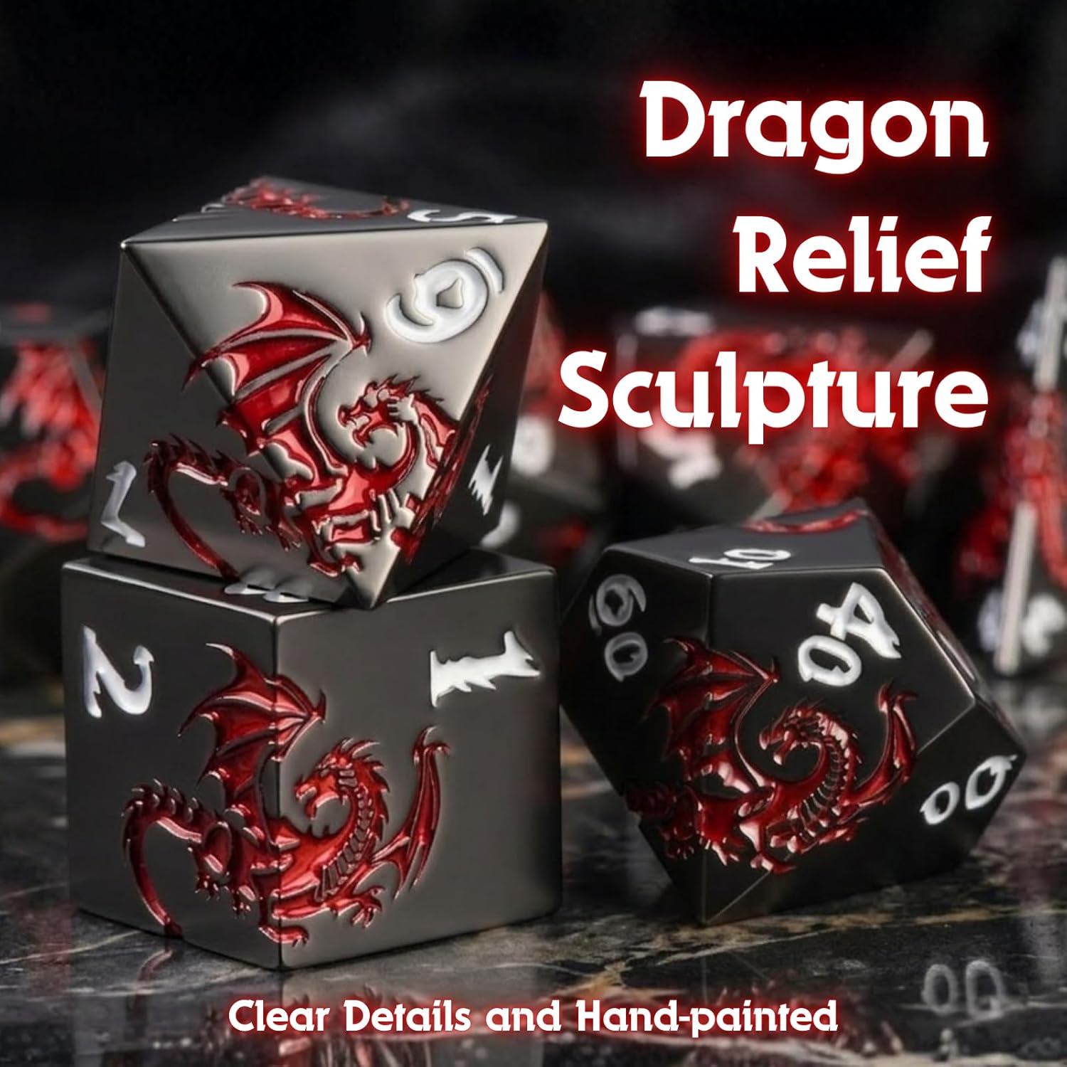 Dragon Solid Heavy Metal DND Dice Set 7Pcs Dice DND with an Iron Box for DND COC Role Playing dice Games and Board Games Gift (Black)