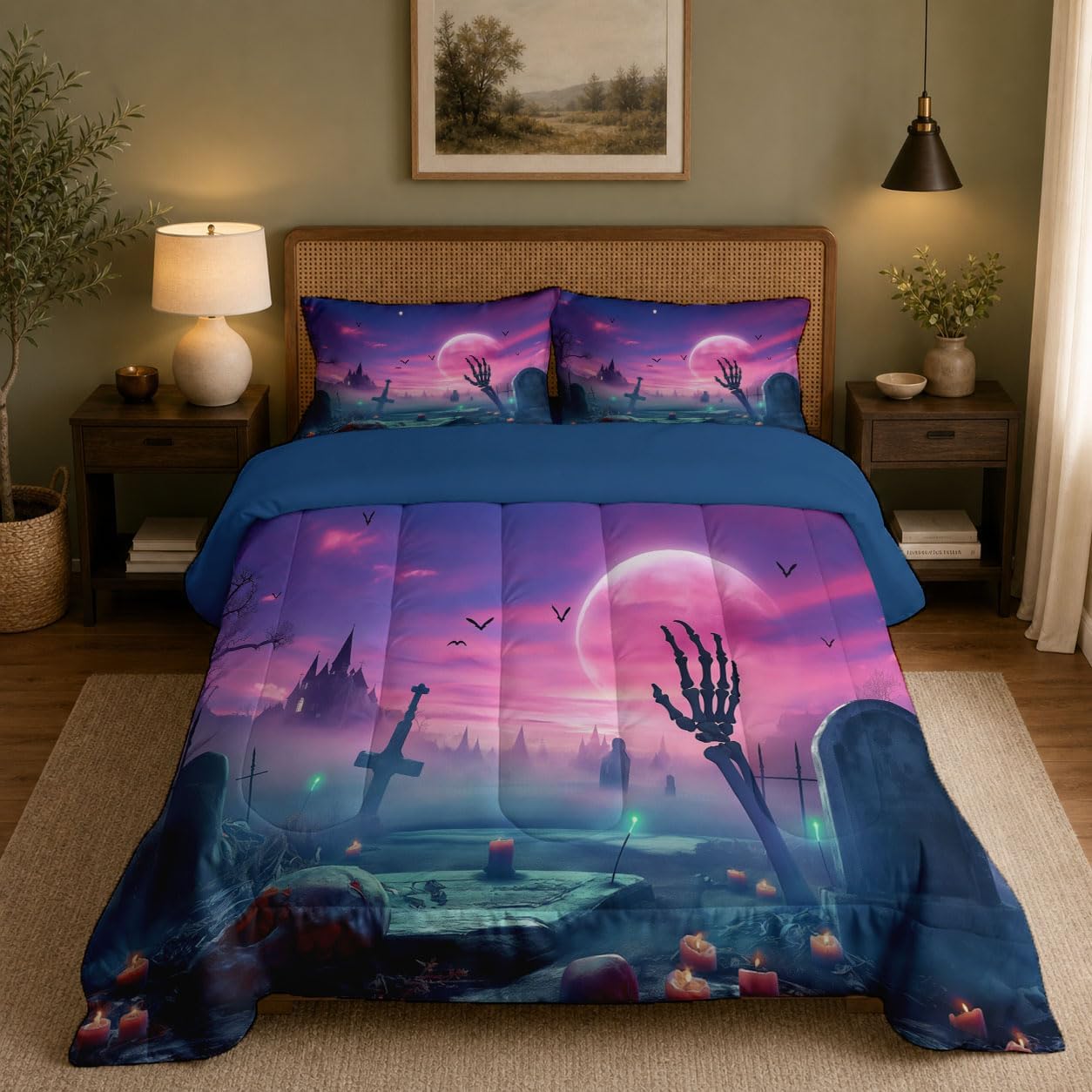 Halloween Theme Quilt Set King 3 Pieces, Pink Quilts Bedding Set Graveyard Skeleton Hand Bedspread Bed Cover Lightweight Spring Summer Beds Coverlet for All Season - 104"X90"