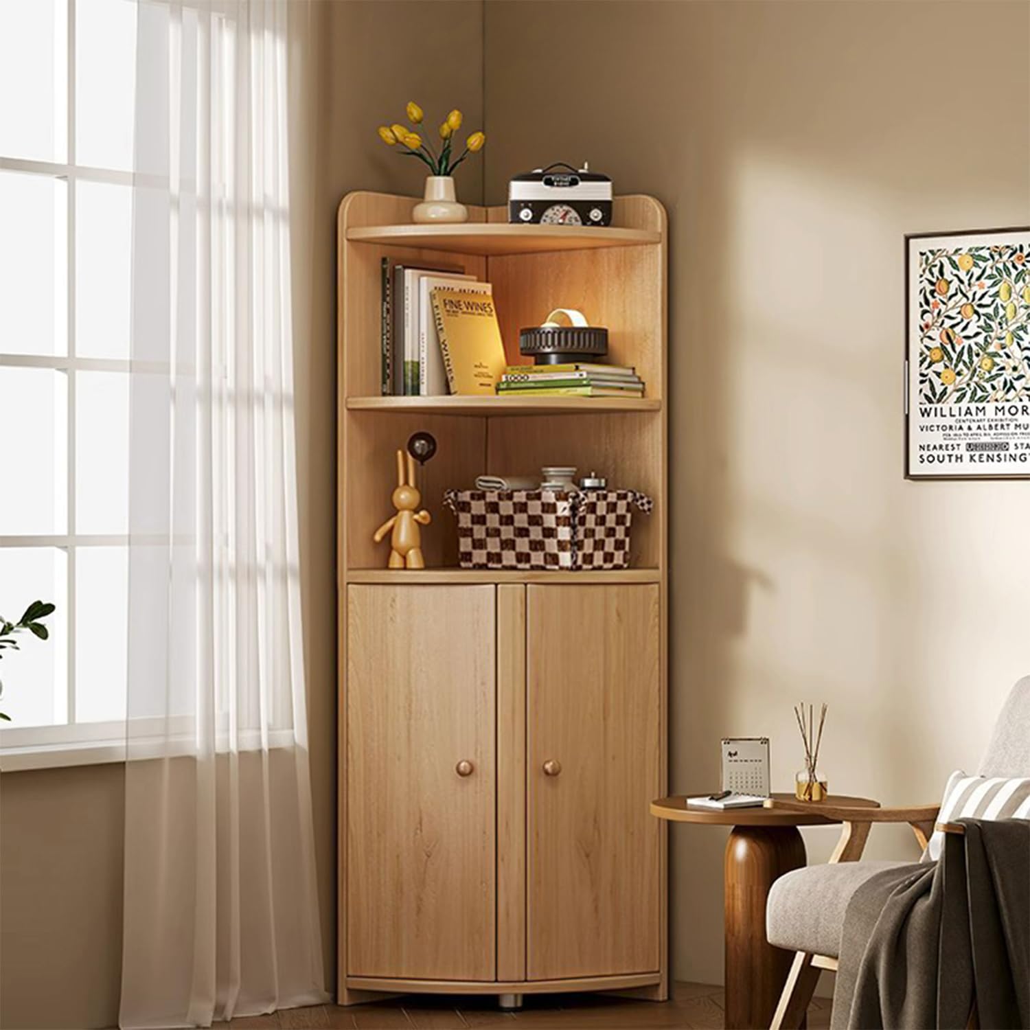 IOTXY Curved Corner Storage Cabinet - Wooden Corner Bookshelf with