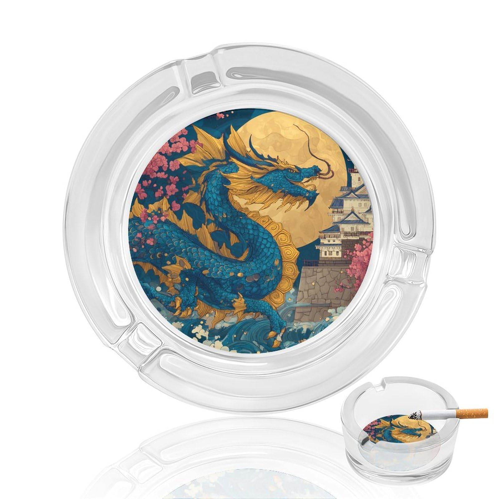 Chinese Dragon Moon Ashtray Portable Round Glass Outdoor Ash Tray for Home Office Garden Pub