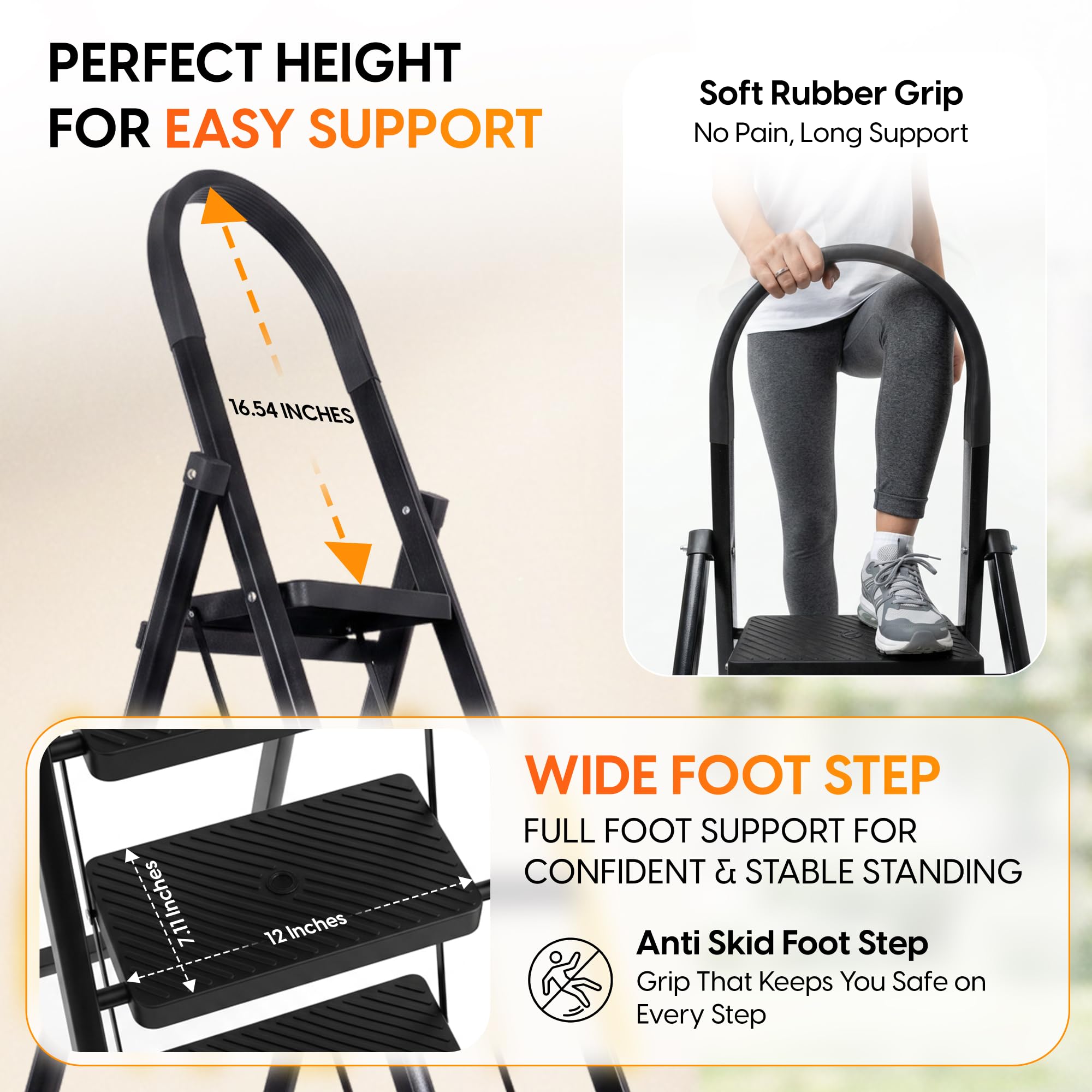 HOUZA Steel Ladder for Home 7 Steps Foldable with Anti-Skid Wide Steps (30cm x 20cm) | 7 Step Ladder for Home Use with D-Shape Rods | Secure Lock | 150 Kg Capacity Folding Ladder | 5 Year Warranty — Amazon image 2