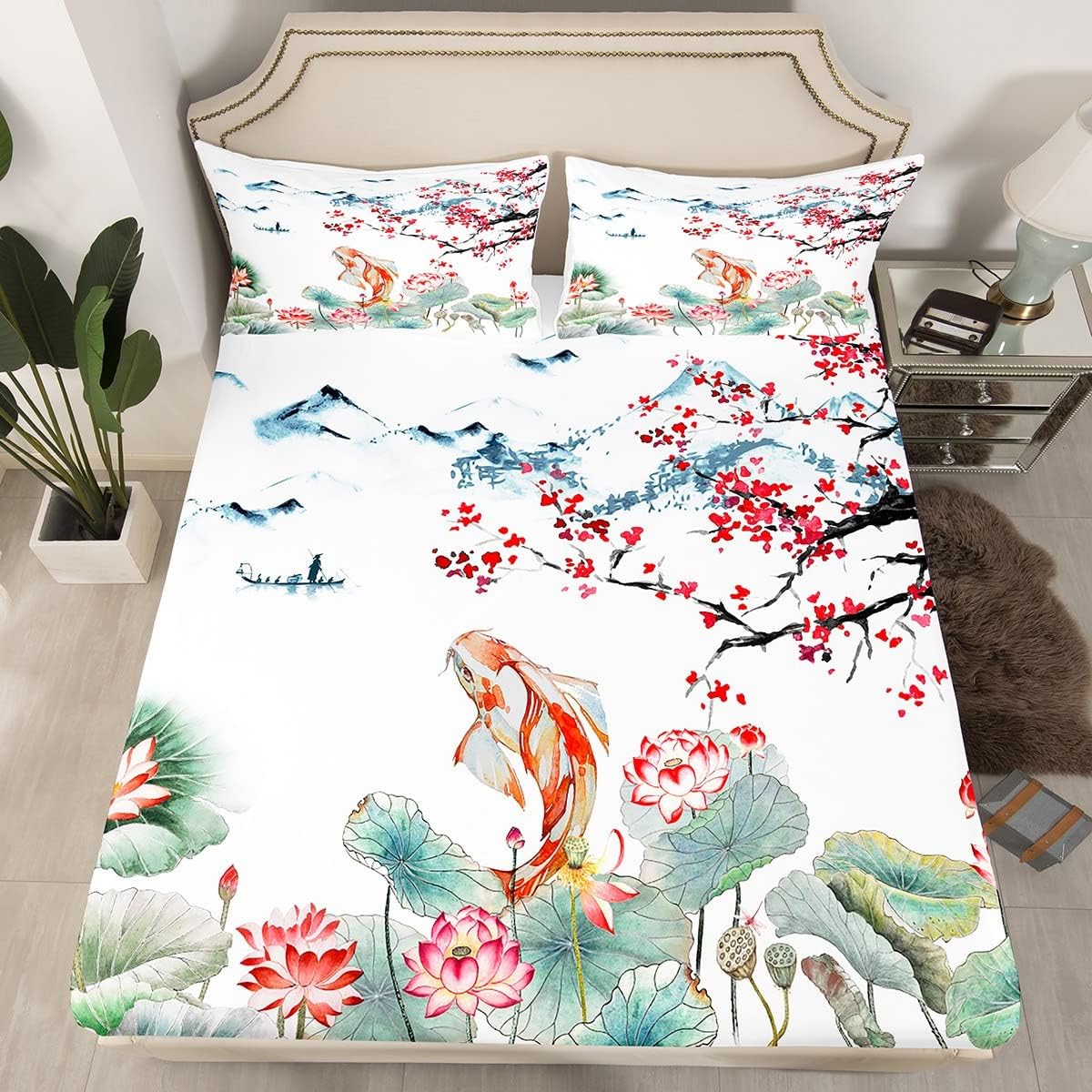 Japanese Ukiyo E Koi Fish Bed Sheet Set Lotus Floral