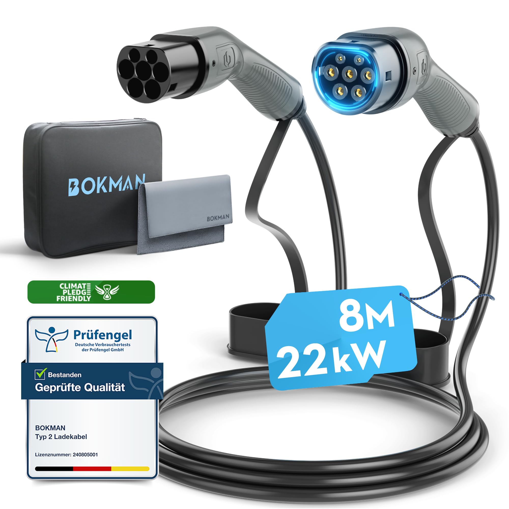 bokman Typ 2 Ladekabel, 22 kW / 32A / 3-Phasig / 8 Meter/Modus 3, Typ 2 auf Typ 2 EV Ladekabel für Elektroauto mit Tragetasche und Mikrofasertuch