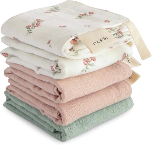 Mushie Muslin Cotton Washcloth 5-pack - Pink Flowers Combo