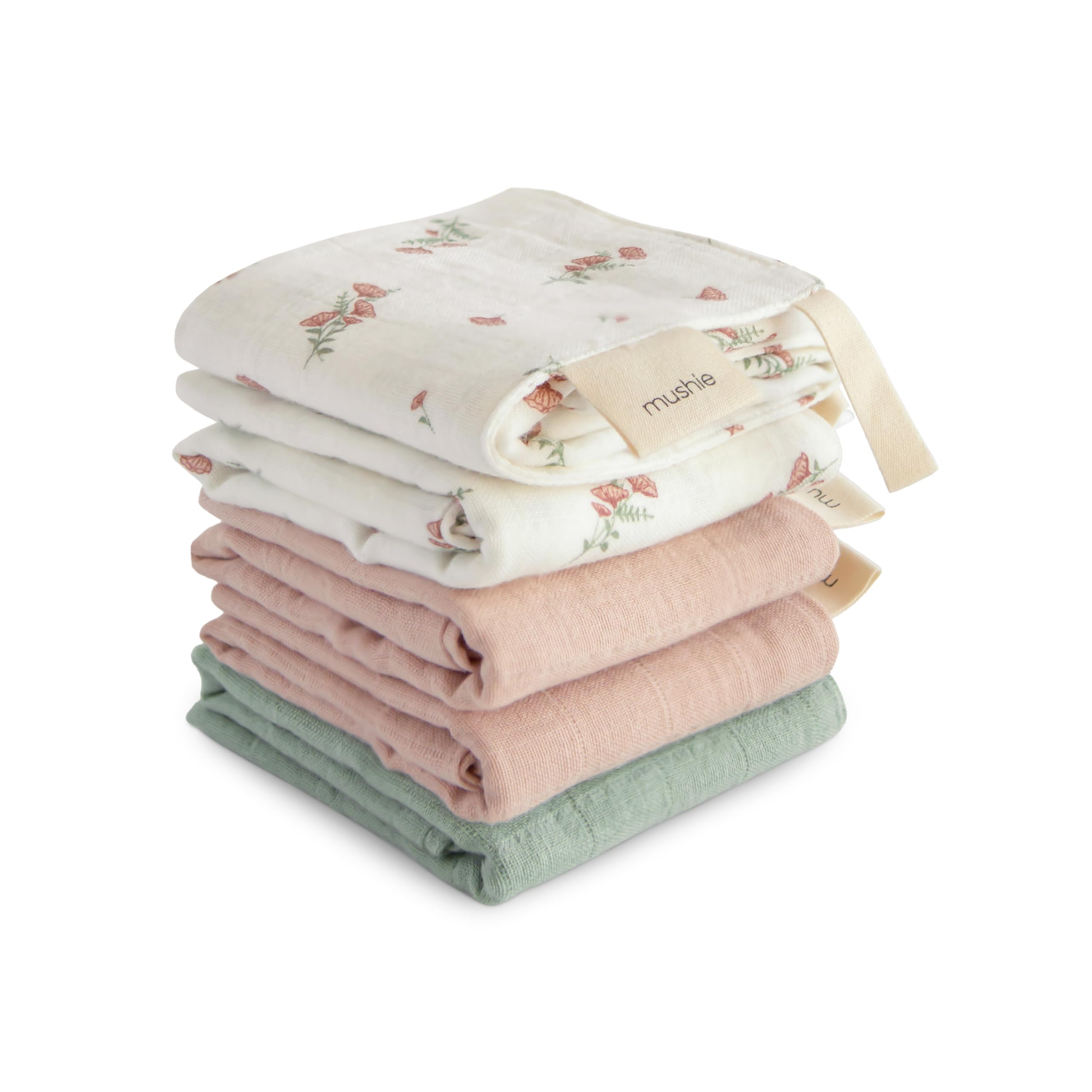 mushie Muslin Organic Cotton Washcloths 5-Pack (Pink Flowers Combo) | Soft Wipes for Baby Cleanups and Bathing