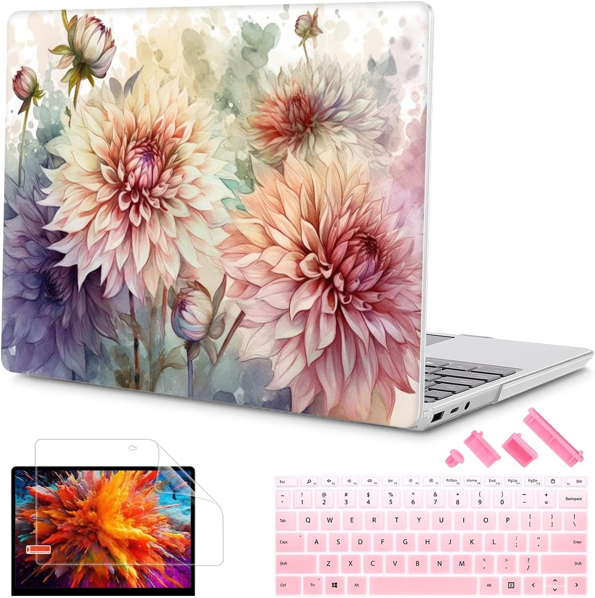Mektron 2023 Microsoft Surface Laptop GO 3 Case 12.4" Compatible with Go 2/1 Laptop Cover 2022-2020 Releases Model 1943/2013 Plastic Hard Shell Case with Screen Protector, Watercolor Dahlias
