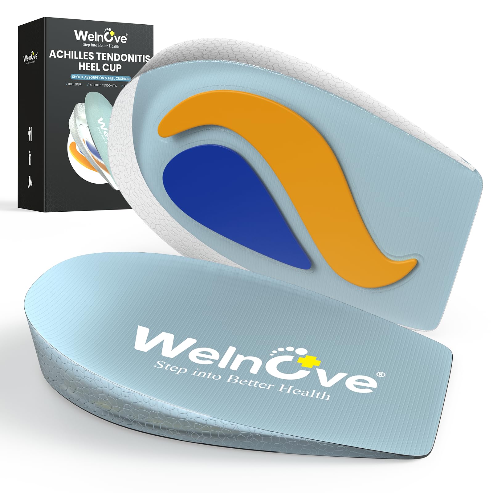 Taloneras fascitis plantar – Calota de talón de gel Welnove TPE cojín con absorción de impactos para aquilodinia y espolón calcáneo – Unisex (azul, L: mujeres 42-43, hombres 42-47)