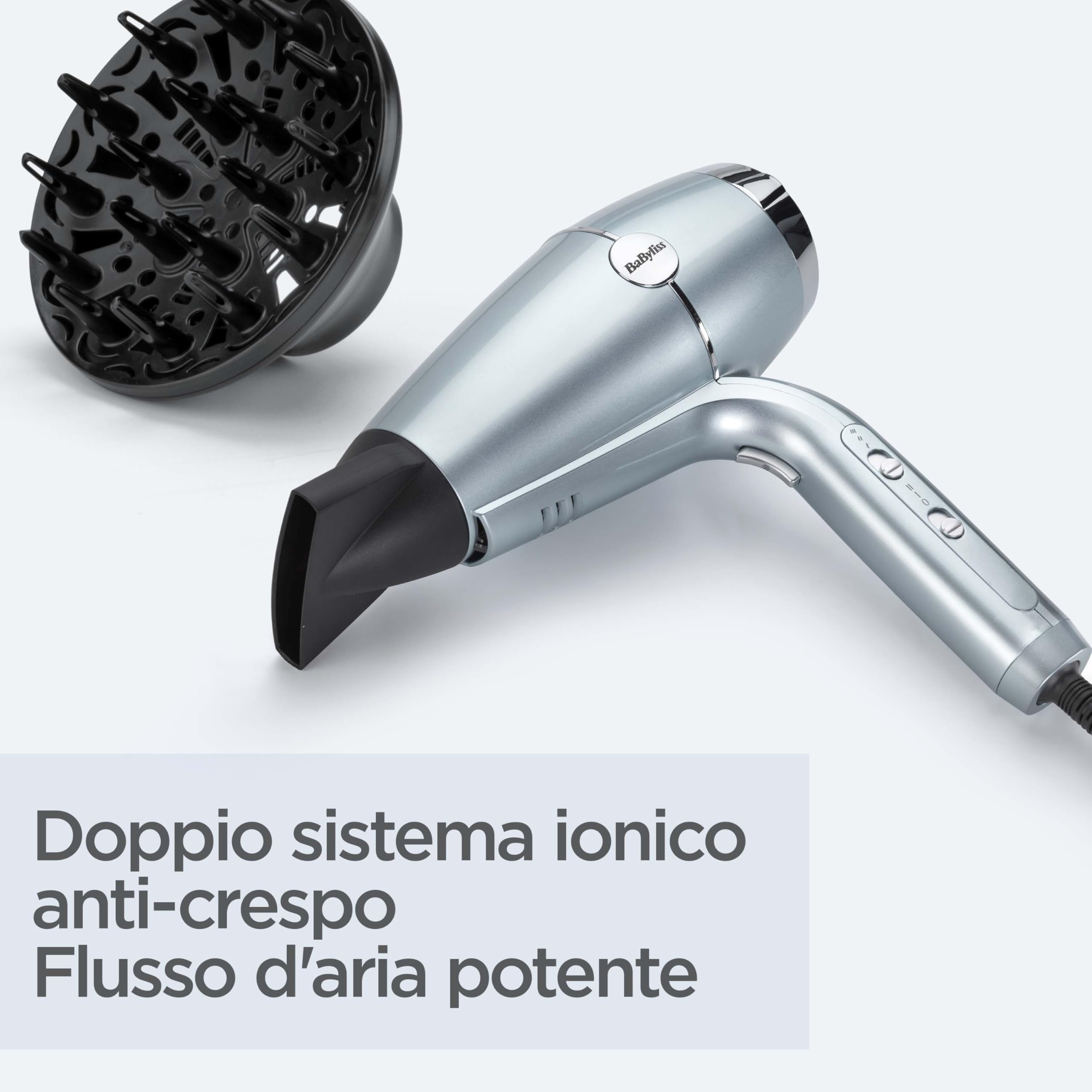 BaByliss Hydro‑Fusion Asciugacapelli con Diffusore – Asciugacapelli professionale ionico da 2100 W, tecnologia al plasma per capelli lucenti, design leggero, 3 temperature & 2 velocità, blu, D773DE