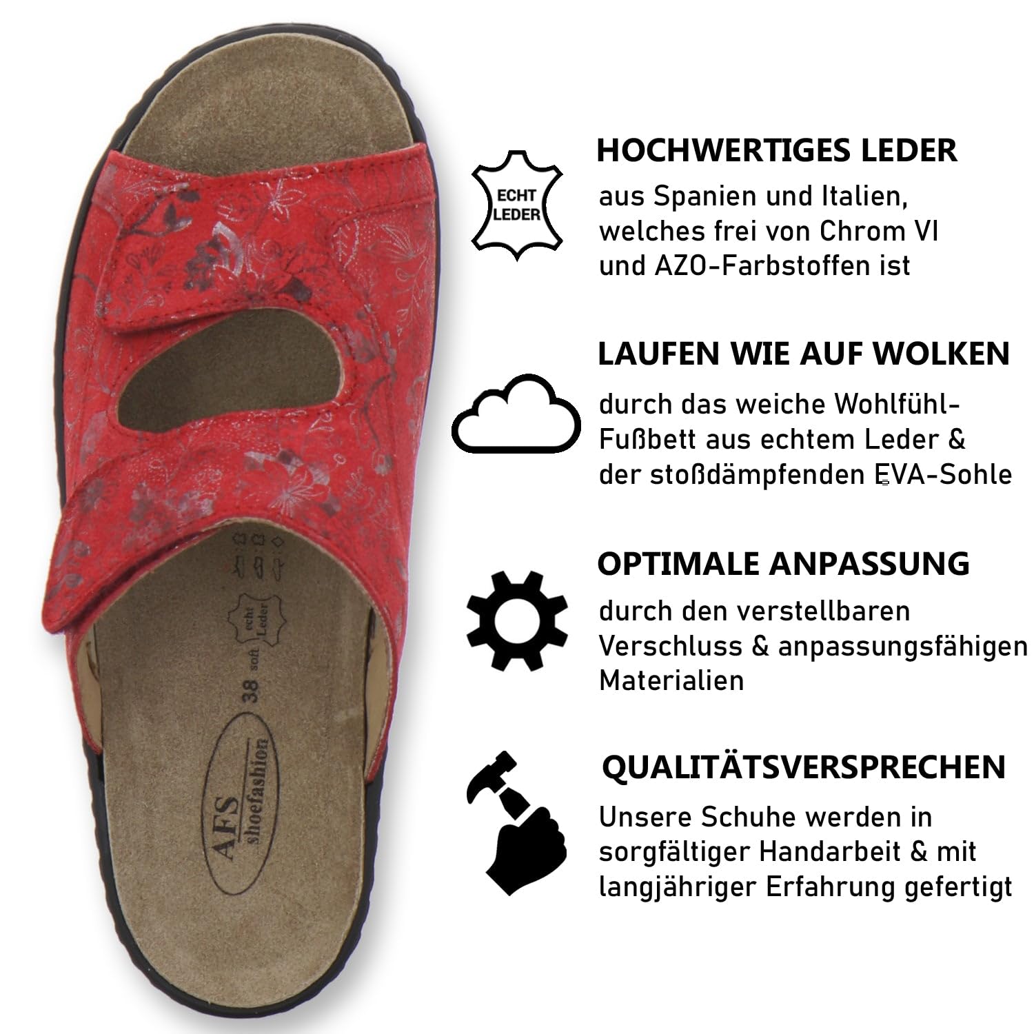 AFS-Schuhe 27832 Damen Pantoletten Hallux aus Leder mit Wechselfussbett, Bequeme Hausschuhe für Frauen mit Klettverschluss, Made in Germany