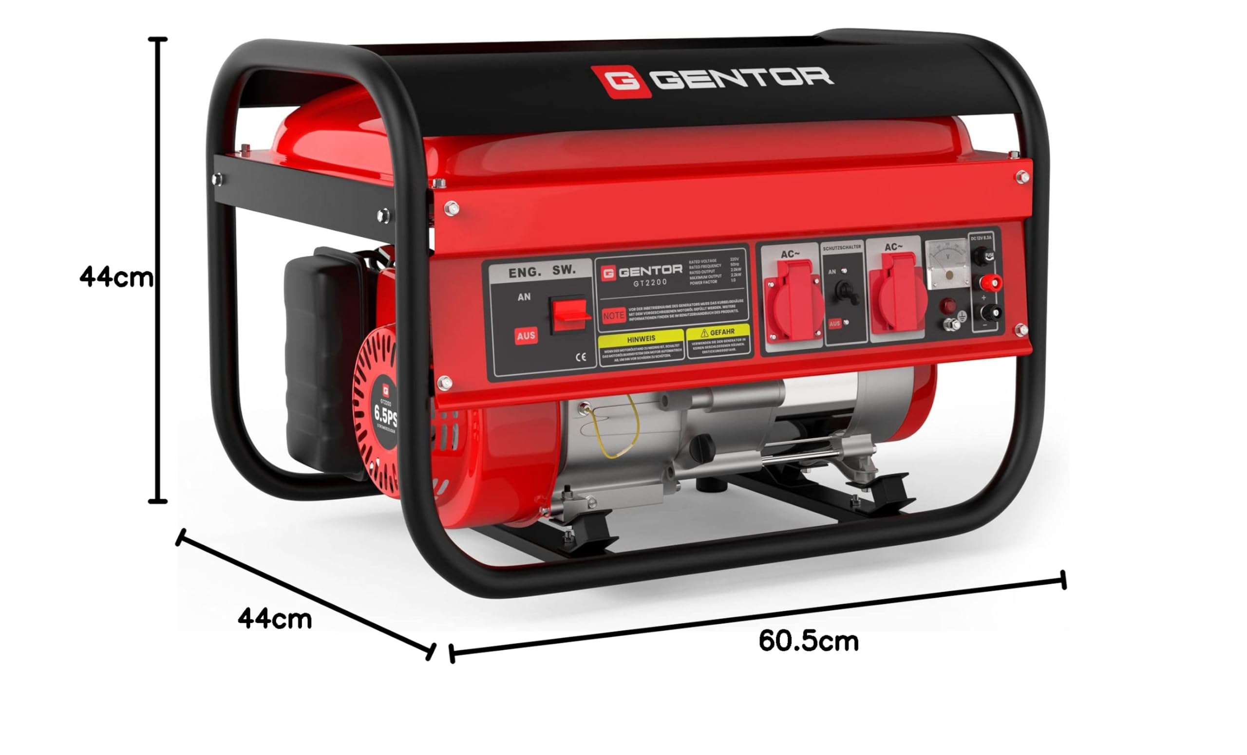 GENTOR generator prądu awaryjnego benzyna cichy 2200 Watt 6.5HP, generatory prądu 4-suwowy silnik benzynowy, 2x 230V, 1x 12V, pull-start, dla kempingu, na zewnątrz, warsztat, dom