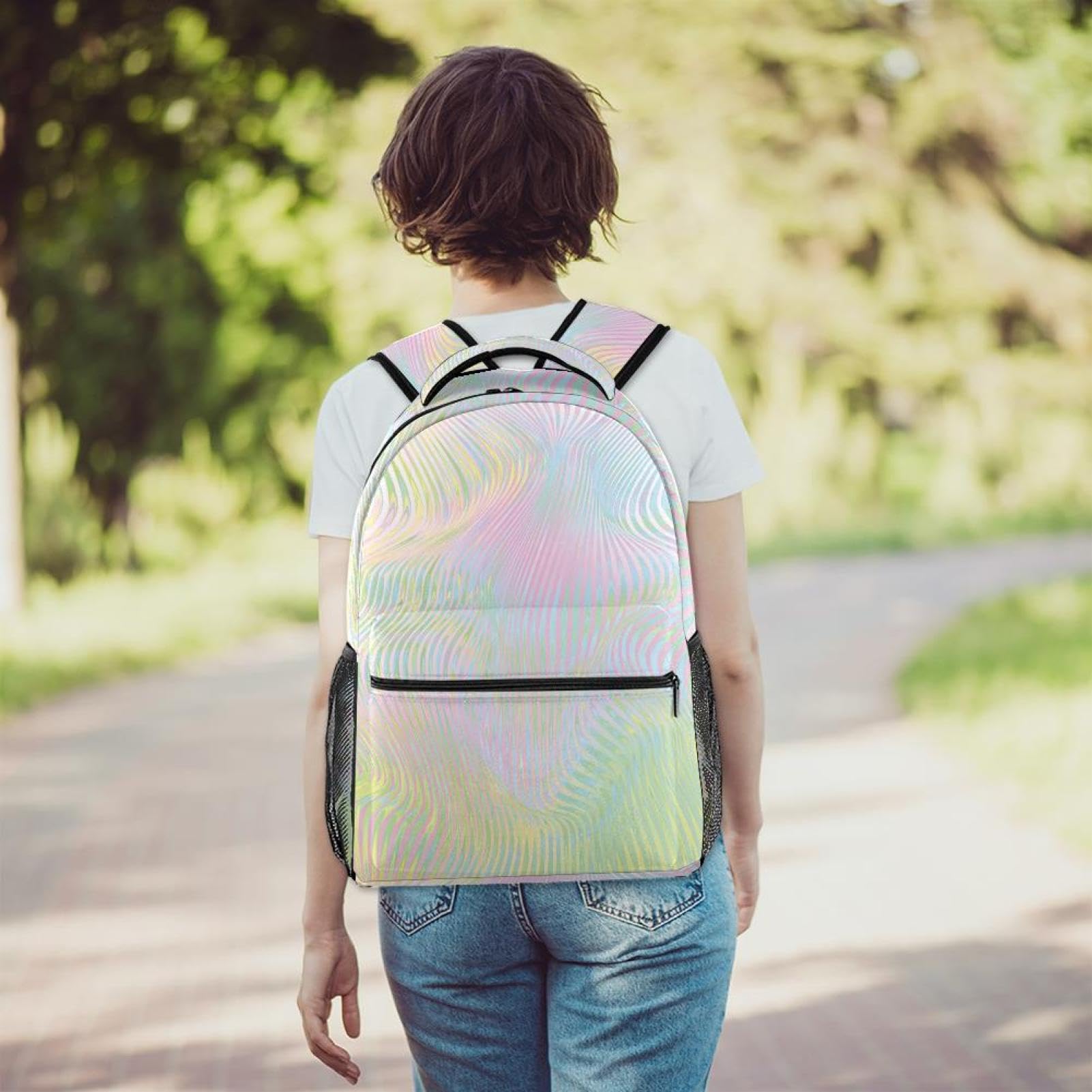 Zaino scolastico per uomini e donne, con linee colorate, da viaggio, per computer portatile, leggero, zaino casual per libri