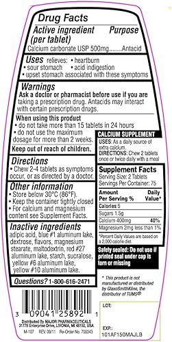 Miniatura 2 de Major Calcium Antacid - Tabletas masticables con sabor a fruta surtida, fuerza regular, 150 por botella (paquete de 5)