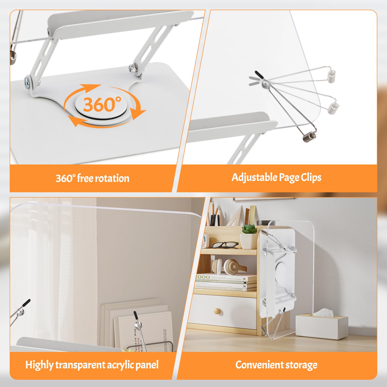 Leggio per Libri in Acrilico con Base Girevole 360° e Clip Elastiche, Regolabile 4,4-39 cm, Pieghevole Porta Libro da Scrivania