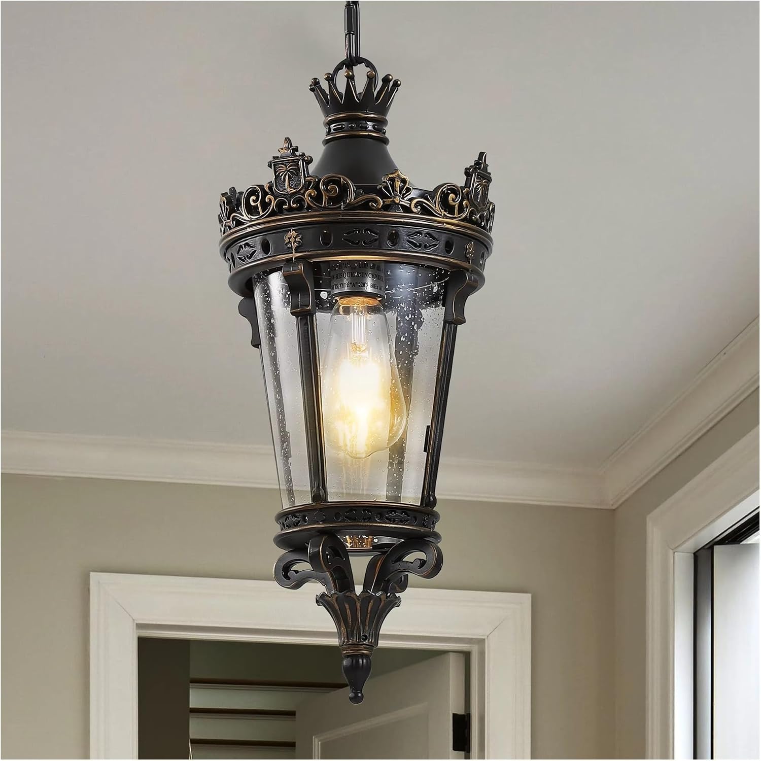 Antique Crown Outdoor Hanging Lantern, Waterproof Vintage Pendant Light with Ornate Metal Design and Clear Glass,Modern Light
