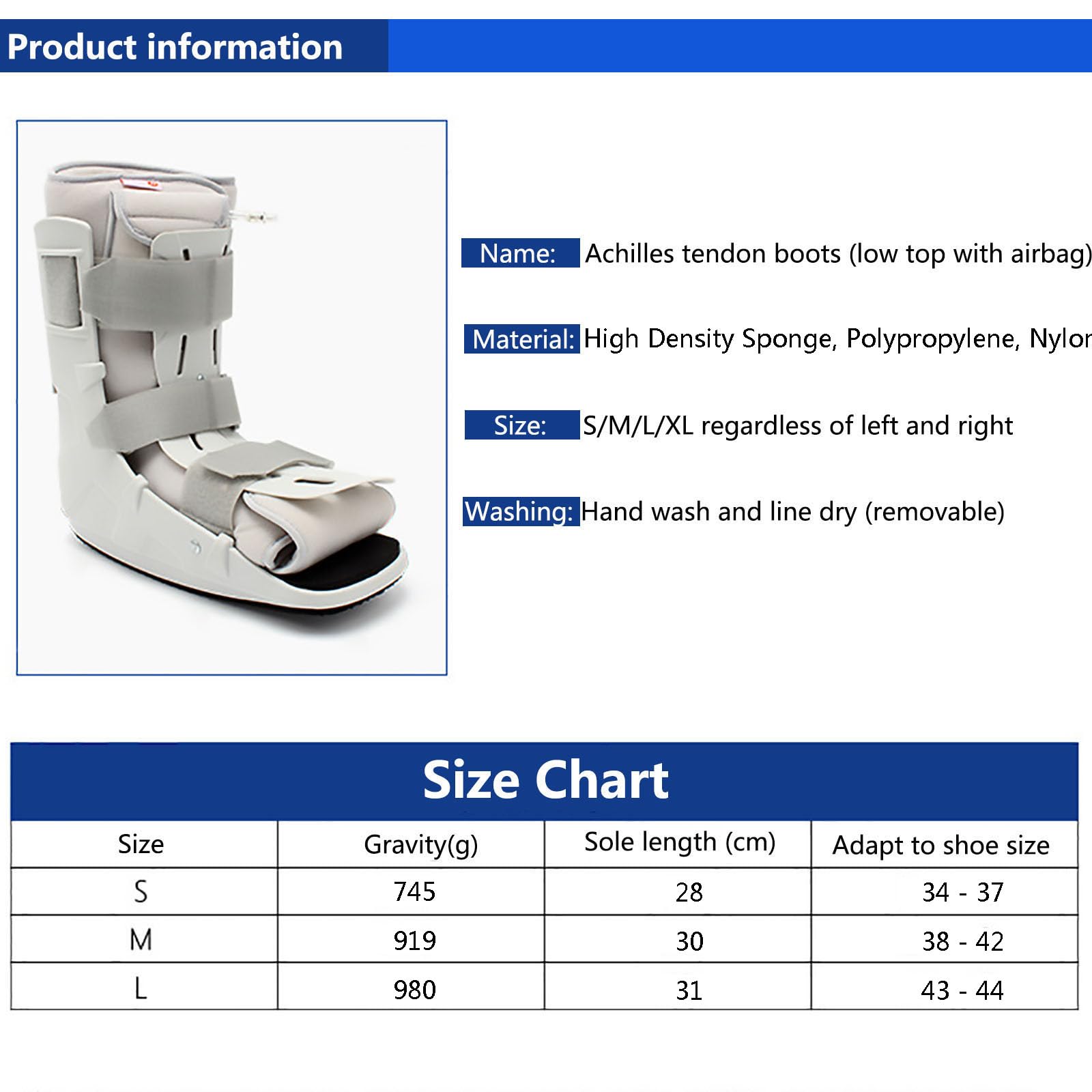 HAILM Bota Andador Fractura, Férulas Nocturnas para Fascitis Plantar, Protección Ajuste Airbag Inflable, Lavable Extraíble, para Esguince Tobillo, Fractura por Estrés y Tendinitis Aquiles,M