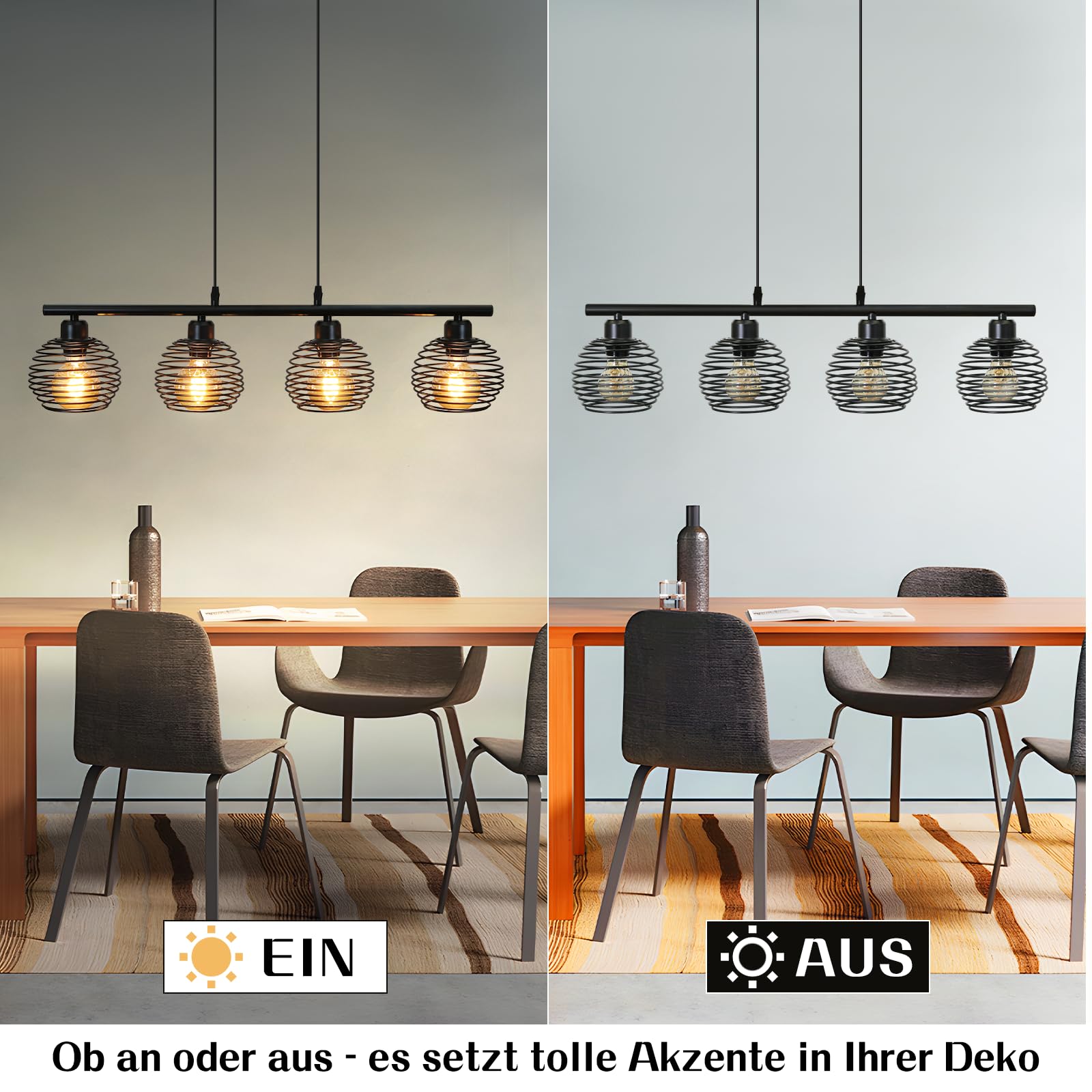 ZMH Pendelleuchte Esstisch Hängelampe Vintage 4 Flammig Hängeleuchte | Hängeleuchte Schwarz Metall Industrial Design E27 Retro Esszimmerlampe Höhenverstellbar Esstischlampe für Esszimmer