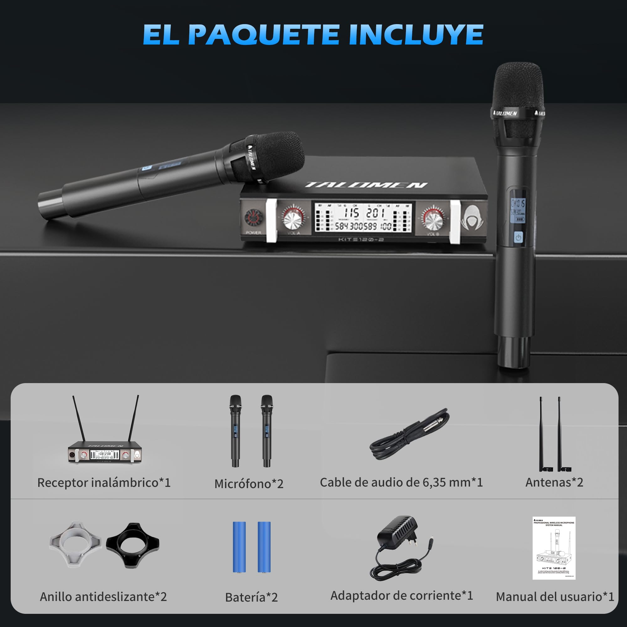 talomen Micrófono Inalámbrico UHF, Set de 2 Micrófonos Dinámicos de Mano de Metal, Auto Scan, Alcance 120 m, Receptor de Doble Canal, Ideal para Canto, Karaoke, Fiestas, DJ, Iglesia – K120 Negro