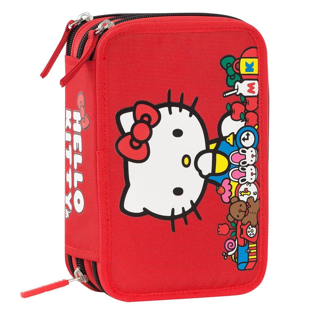 HELLO KITTY - Piórnik szkolny Hello Kitty, 3 przegródki dla chłopców i dziewczynek, z zestawem na artykuły pa, niebieski ścieralny długopis i praktyczne zamknięcie na zamek błyskawiczny, 20 x