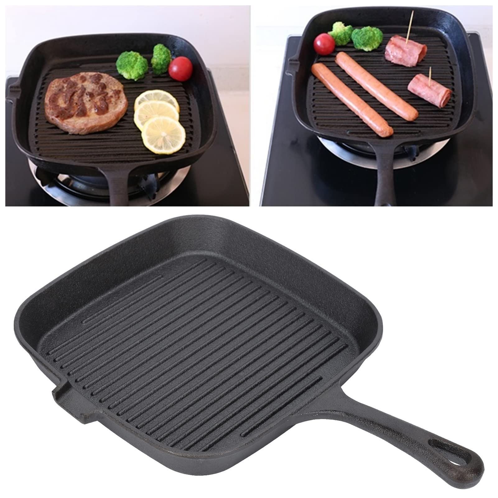 Akozon Padella per Griglia - Padella in Ghisa Antiaderente con Manico Resistente Al Calore Rapida Conduzione del Calore - Ideale per Friggere Bistecche, Pancetta e Verdure Nella di Casa (22 cm)