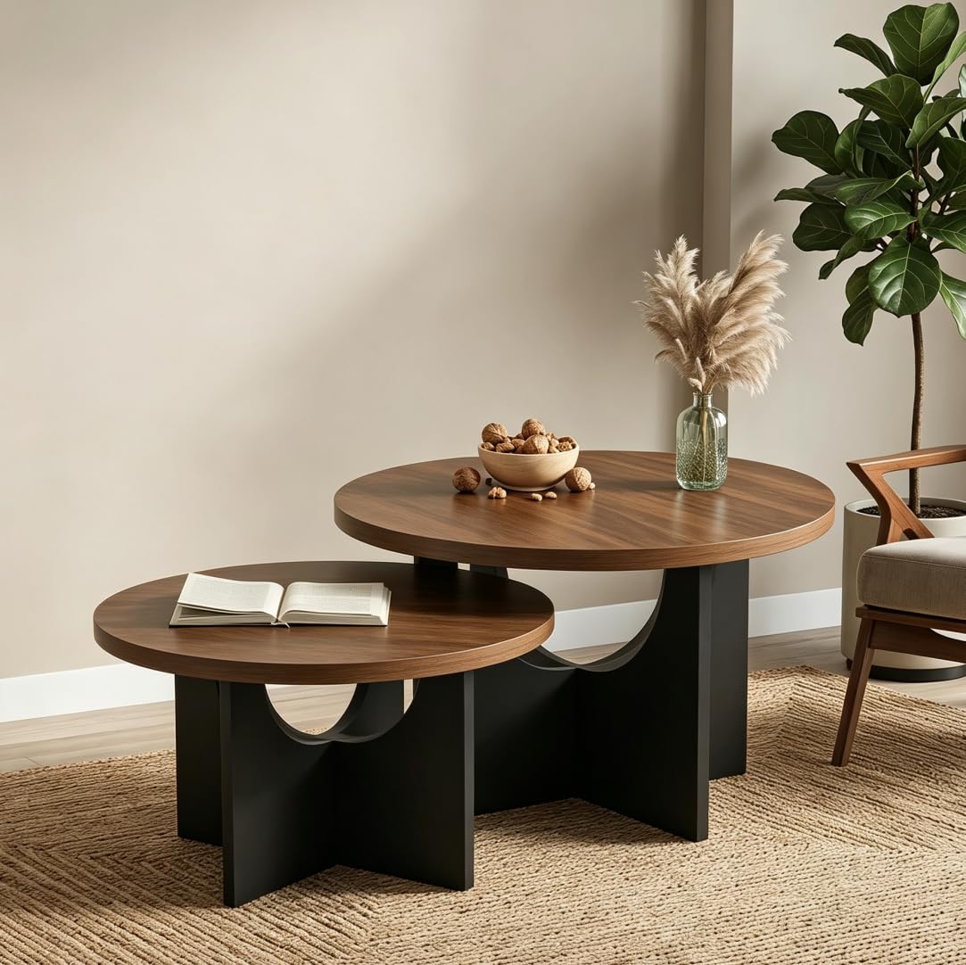 Pantanal Round Nesting Coffee Tables Set of 2, Walnut Wood Nested Side Tables Stacking for Sofa Bed Living Room Bedroom