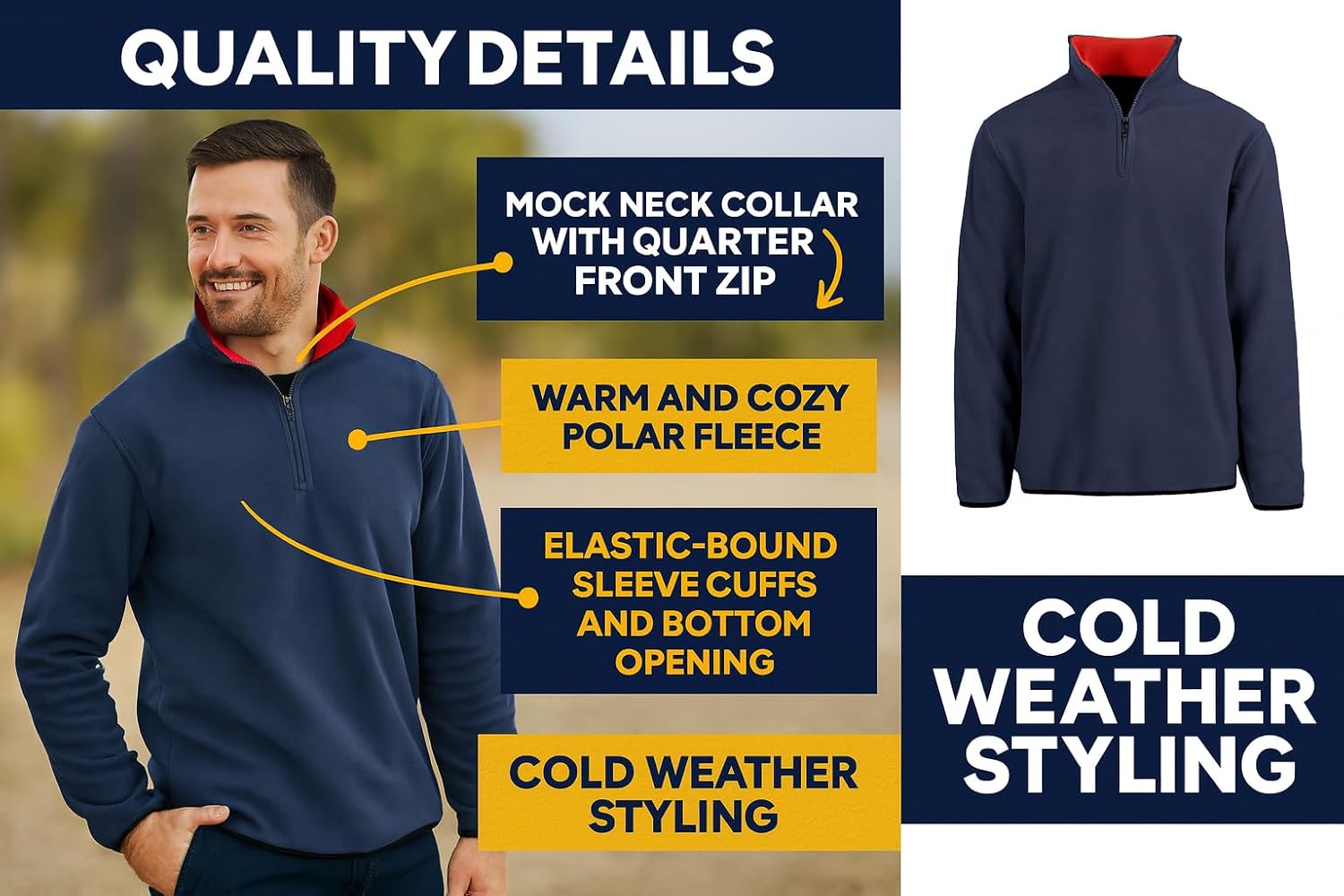 JH DESIGN GROUP Men’s Quarter Zip Thermal Fleece Pullover Long Sleeve Sweatshirt Mid Weight Sweater in 6 Colors - Image 5