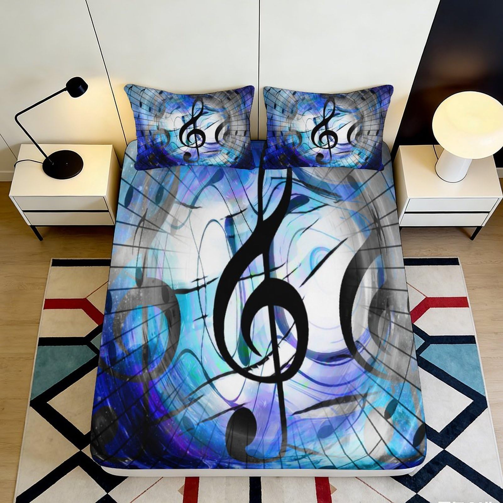 3D Printed Abstract Music Note Fitted Sheet Microfiber Soft Blue Black Swirl Mattress Cover for Bedroom Dorm Decor 120x200x25cm