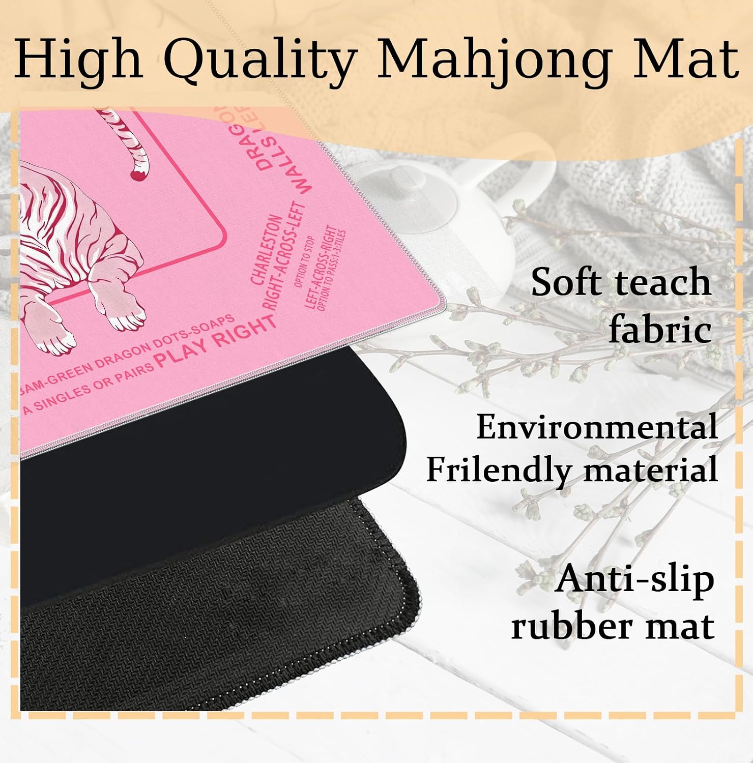 Cute Pink Tiger Mahjong Mat 31.5 x 31.5 Inch, Preppy Pink Aesthetic Tiger Non-Slip Noise Reduction Mahjong Table Mat for American Mah Jong Poker Card Board Games Dominoes