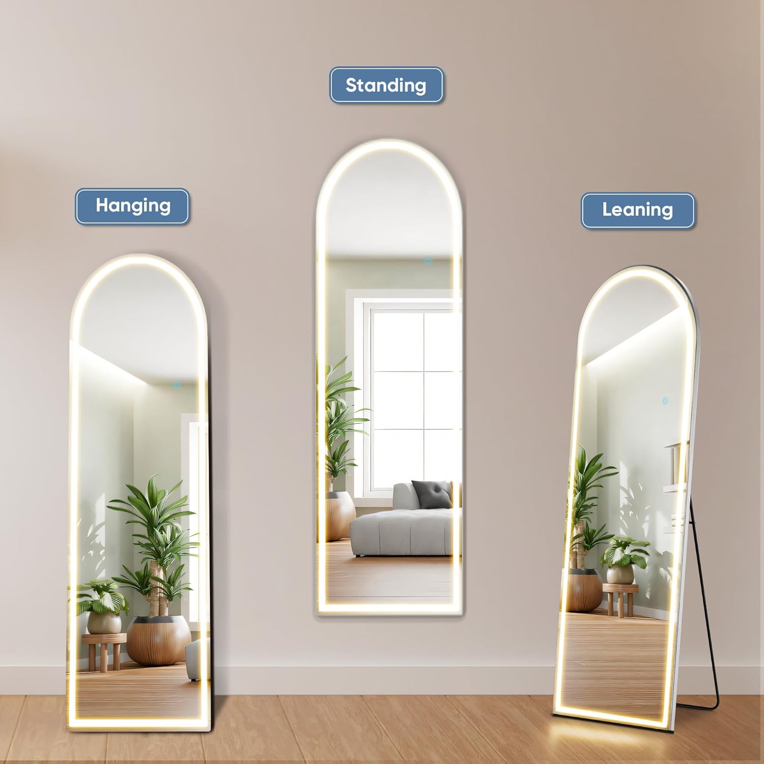 DUMOS Arched Full Length Mirror with Light-15.7×59.8" LED Floor Standing Mirror with 3 Color Lights & Wall Mounted for Bedroom, Dressing Room, Living Room, Bathroom