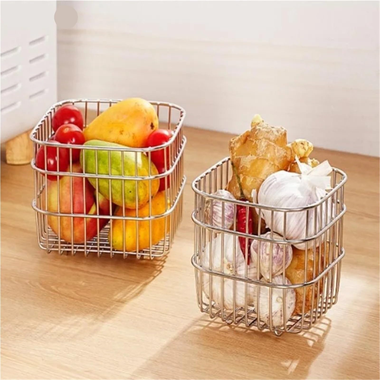 Stainless Steel Wall-Mounted Storage Basket - Adhesive Kitchen Organizer For Fruits, Vegetables & Bathroom Supplies Pour Maison(Square L)