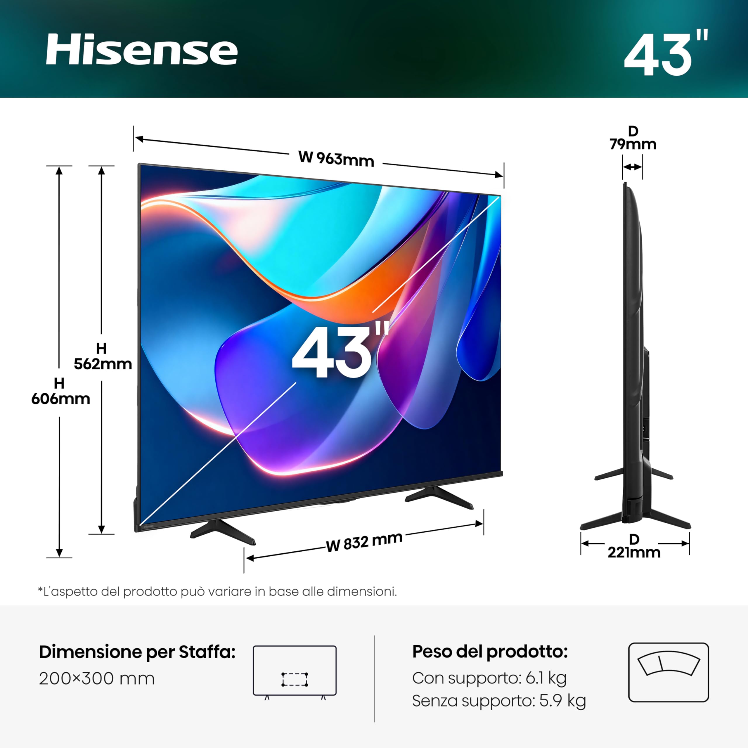 Hisense Smart TV 43" 4K 43E6ST, 60Hz, DTS Virtual X, VIDAA OS con 1000+ APP, HDR 10+, Game Mode Plus, Bluetooth, Wifi, Alexa Built-in, AirPlay2, lativù 4K