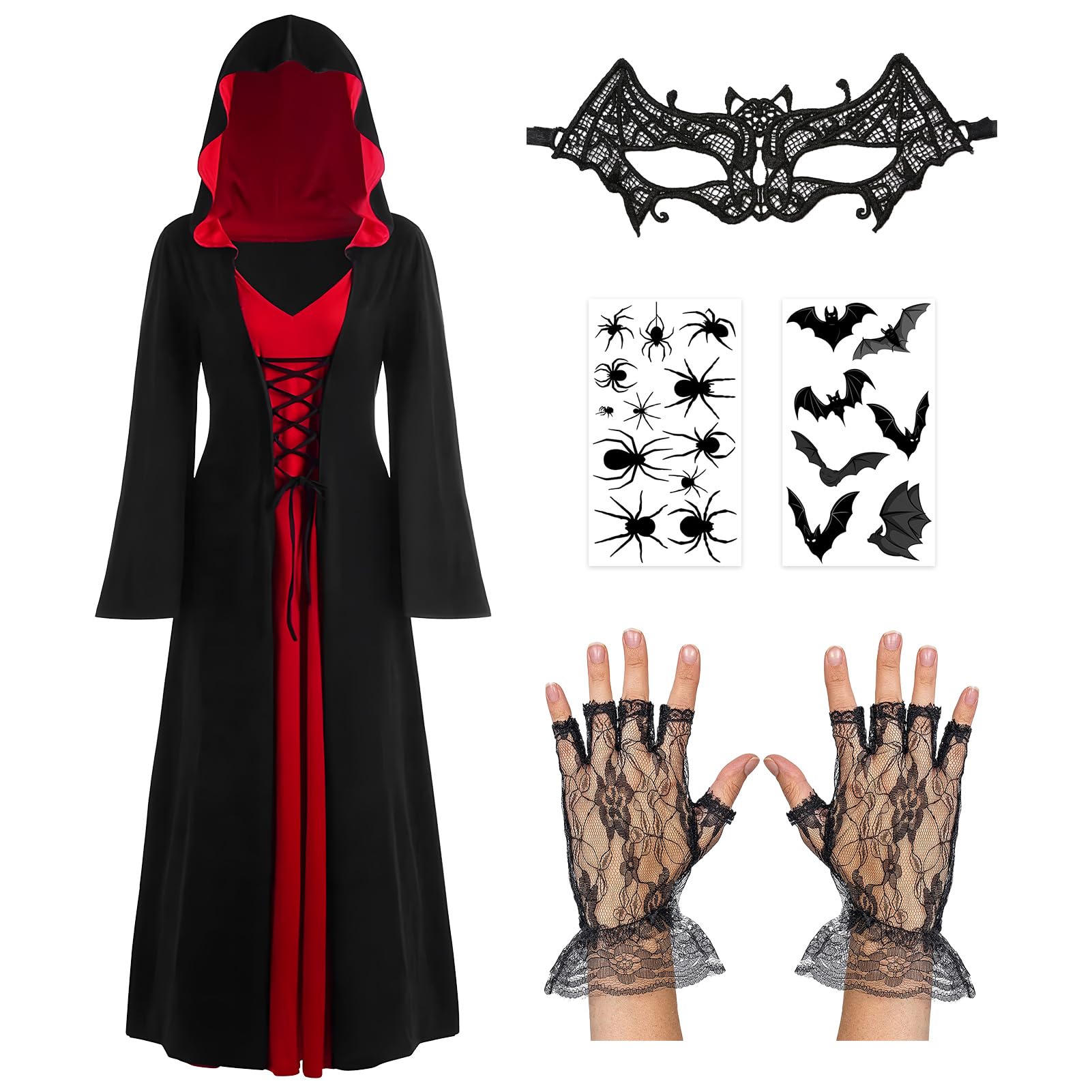 Vintage Witch Dress,Vampire Costume Halloween Costumes for Women,Renaissance Dress Hooded Medieval Dress with Bat Eye Mask,Lace Gloves & Stickers Halloween Cosplay Fancy Dress