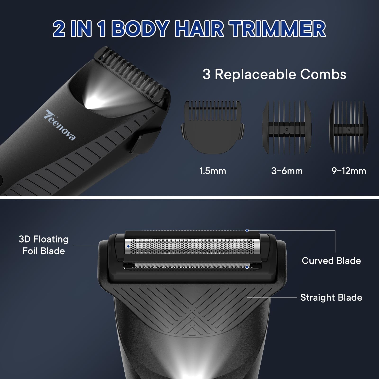 Tondeuse à poils pubiens et corporels pour homme, rasoir électrique 2 en 1 avec lame en céramique, tondeuse à chargement sans fil avec écran LED