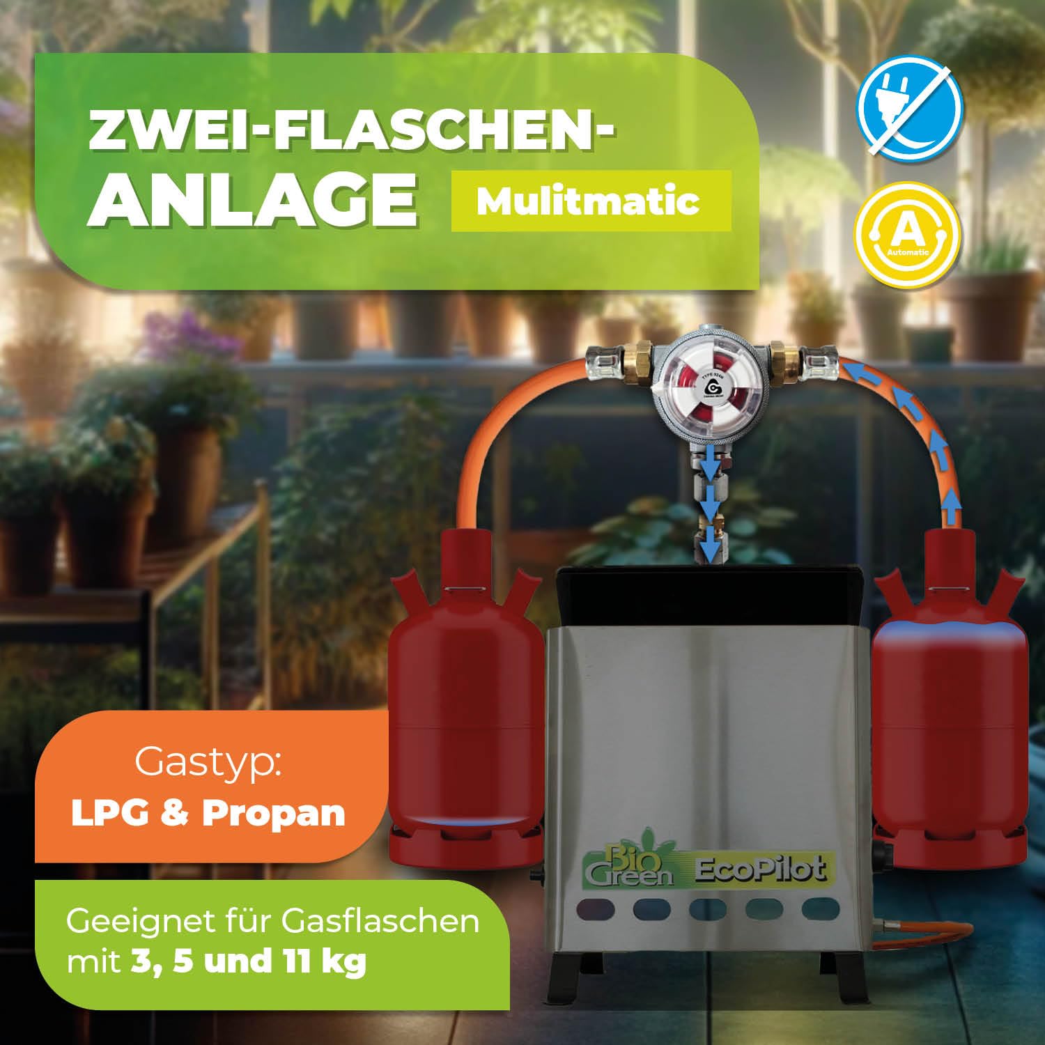 Bio Green Multimatic zestaw dwóch butelek do automatycznego przełączania 2 butli gazowych, do 50 mbar, do butelek 3, 5, 11 kg