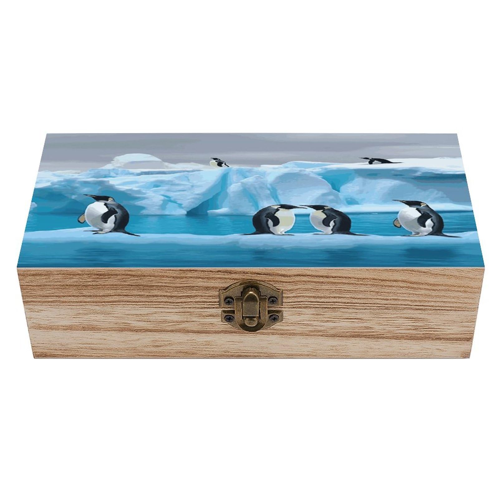 FekiLoot Penguins On The Iceberg Wooden Jewelry Box Personalized Wood Keepsake Box Large Decorative Wooden Storage Boxes with Hinged Lid Rustic Style Wood Jewelry Organizer for Desk Home Office