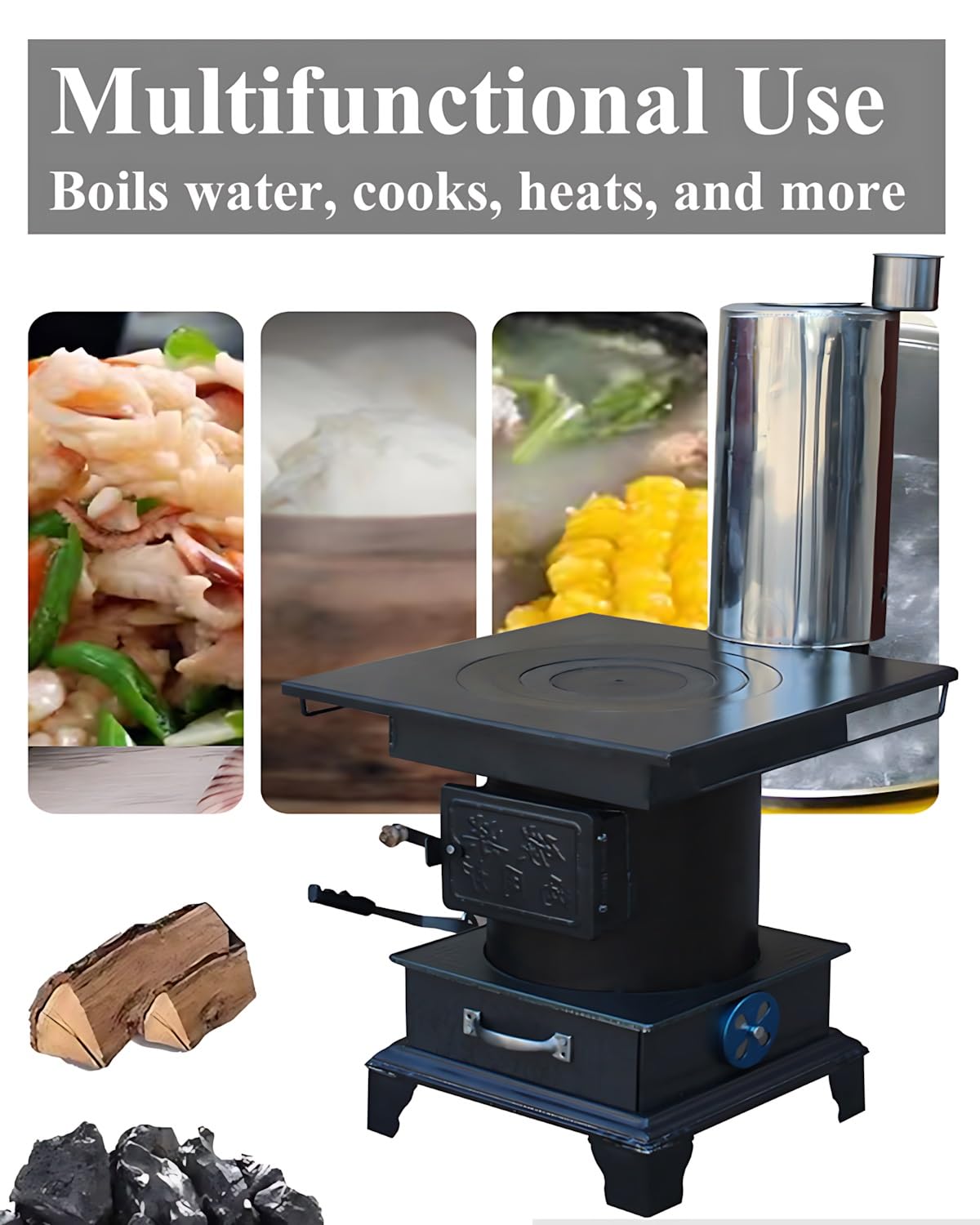 Poêle à bois en fonte pour chauffage intérieur et cuisine de camping en plein air