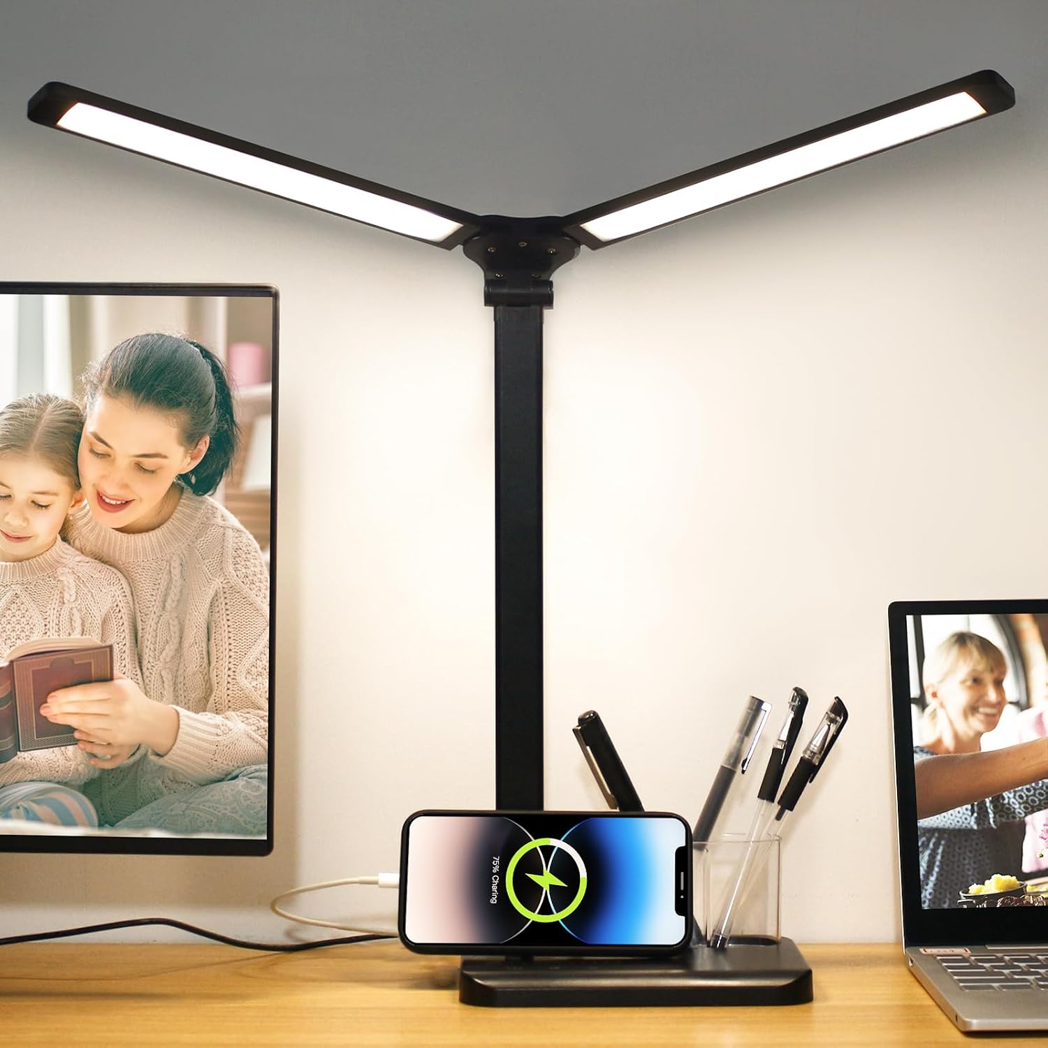 Qooltek Touch Control LED Desk Lamp with Dual Head Adjustable and USB