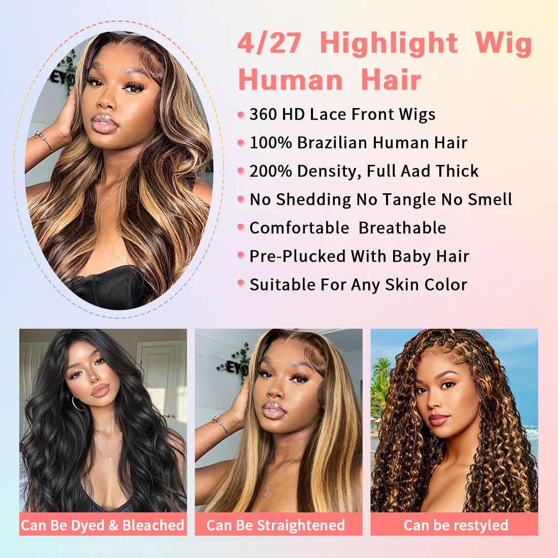 Body Wave 360 Lace Front Wigs Human Hair 4/27 Ombre Highlight Wig Human Hair Pre Plucked 200 Density Honey Blonde 360 Transparent Lace Glueless Drawstring Wig Human Hair for Women 20 Inch