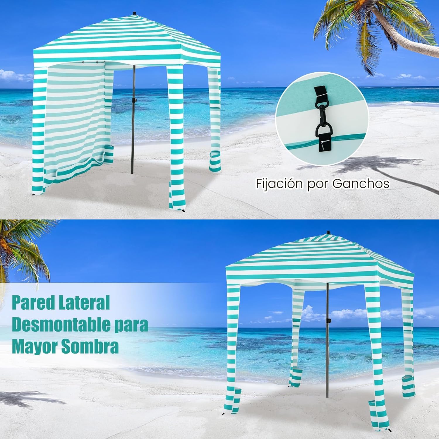 RELAX4LIFE Tienda de Campaña para Playa Plegable 183x183 cm con Altura Ajstable 215-240cm, Toldo con Bolsa, Pared Lateral Desmontable, 8 Bolsas de Arena y Tienda Portátil para Playa/Camping (Turquesa)