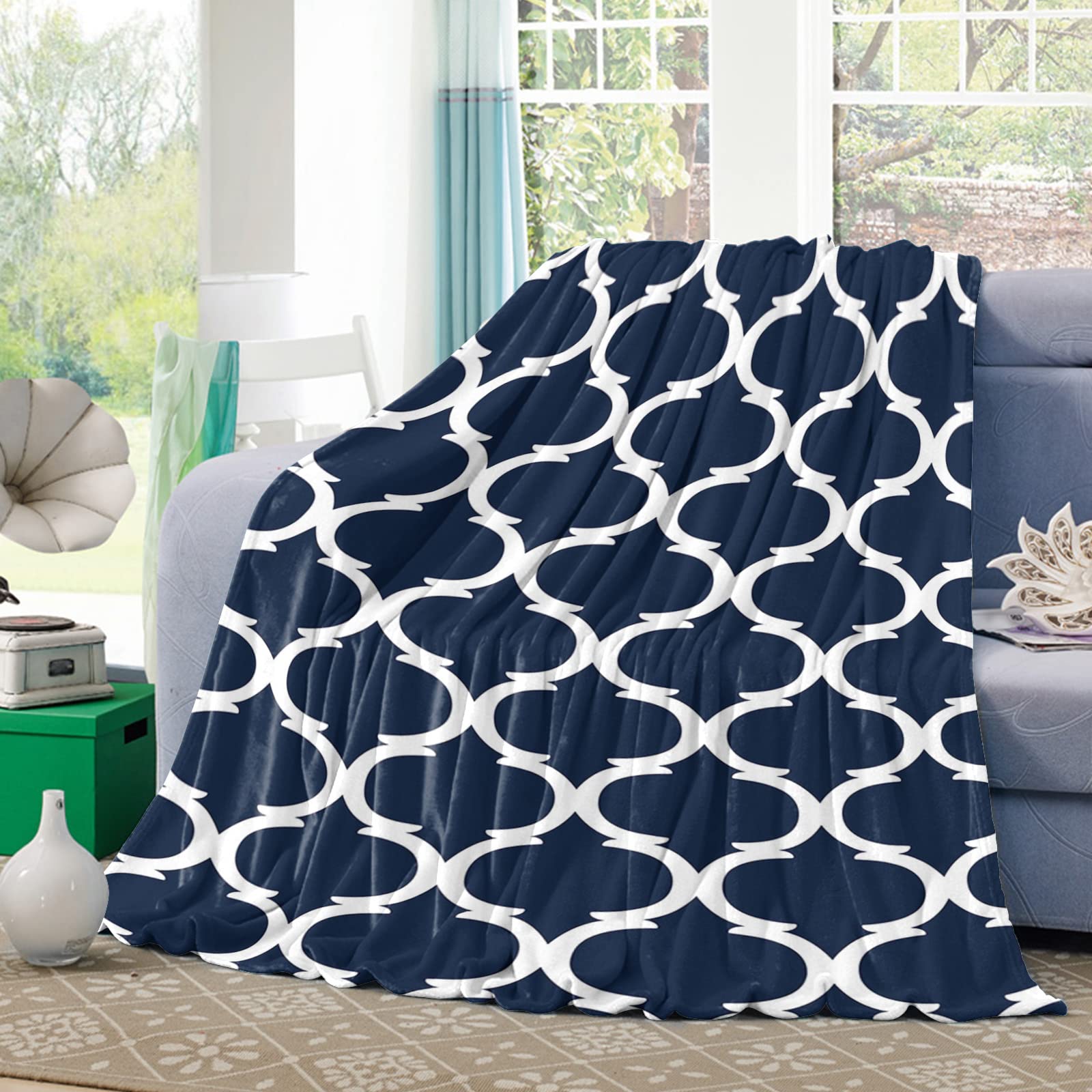 Amazon.com: Flannel Throw Blanket Navy Blue Moroccan Abstract