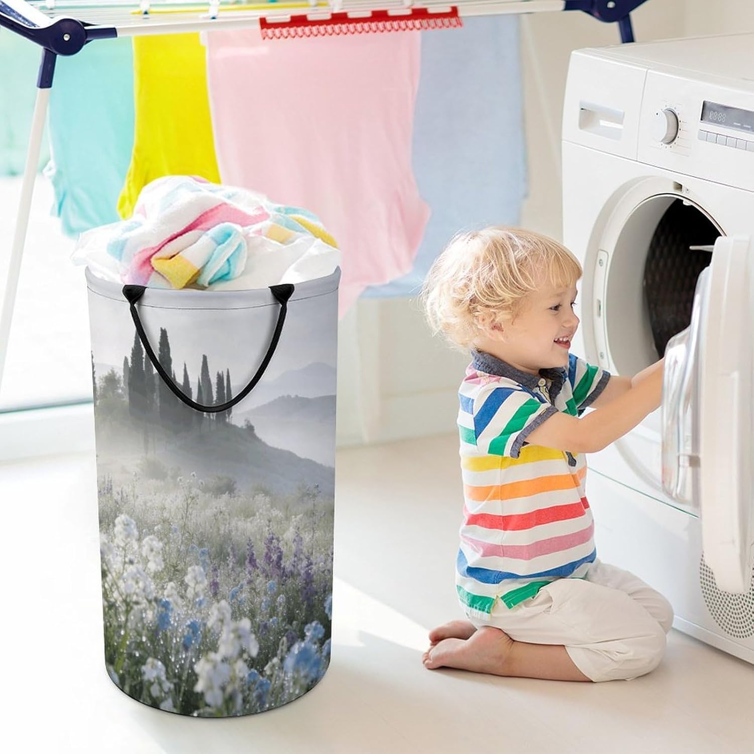 Tuscan Wildflower Meadow Laundry Hamper with Handles Waterproof Collapsible Laundry Basket Large Lightweight Round Dirty Clothes Hamper for Home Dorm Bathroom Decor