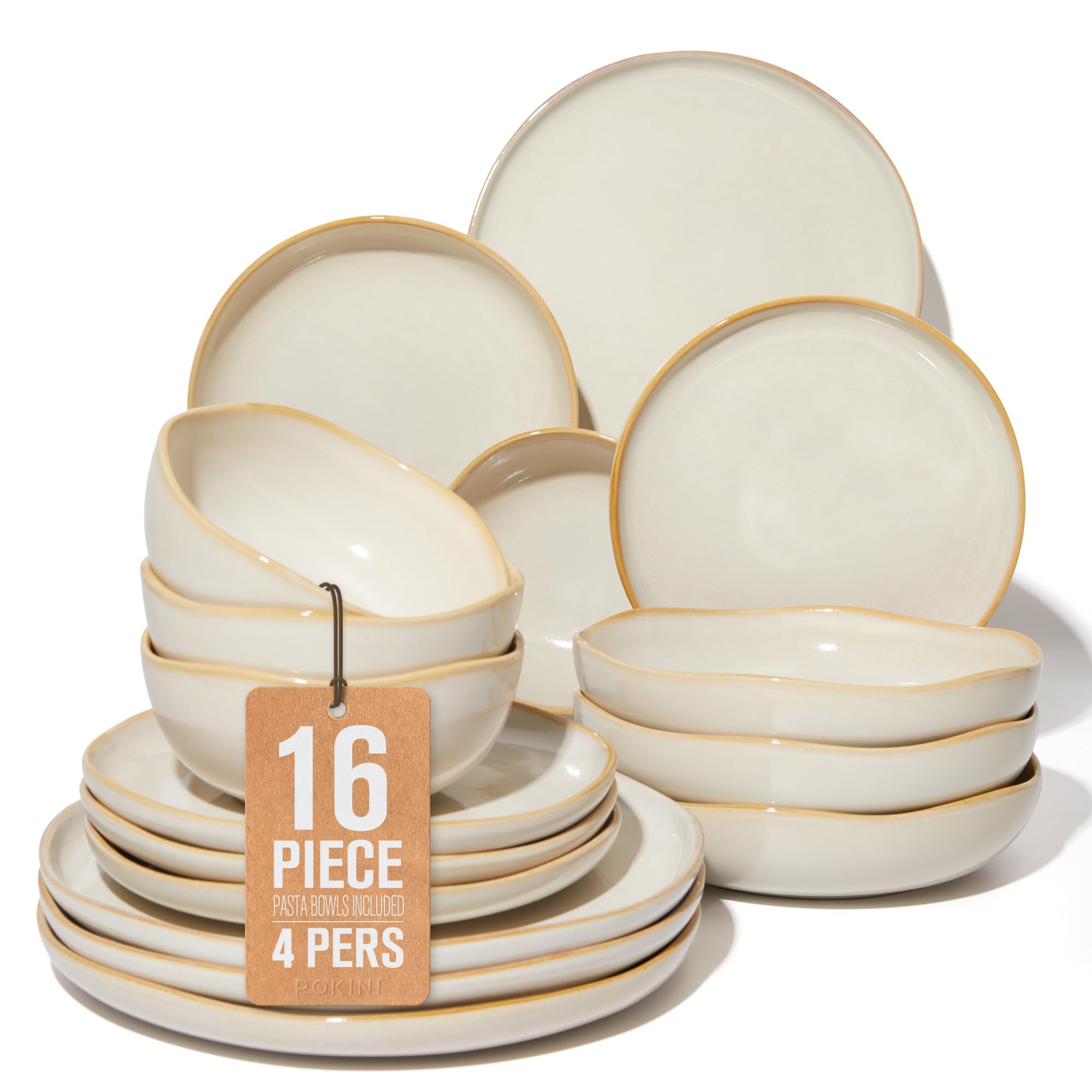 Pokini Stoneware Dinnerware Sets for 4, 16Pcs Ceramic Plates and Bowls Sets
