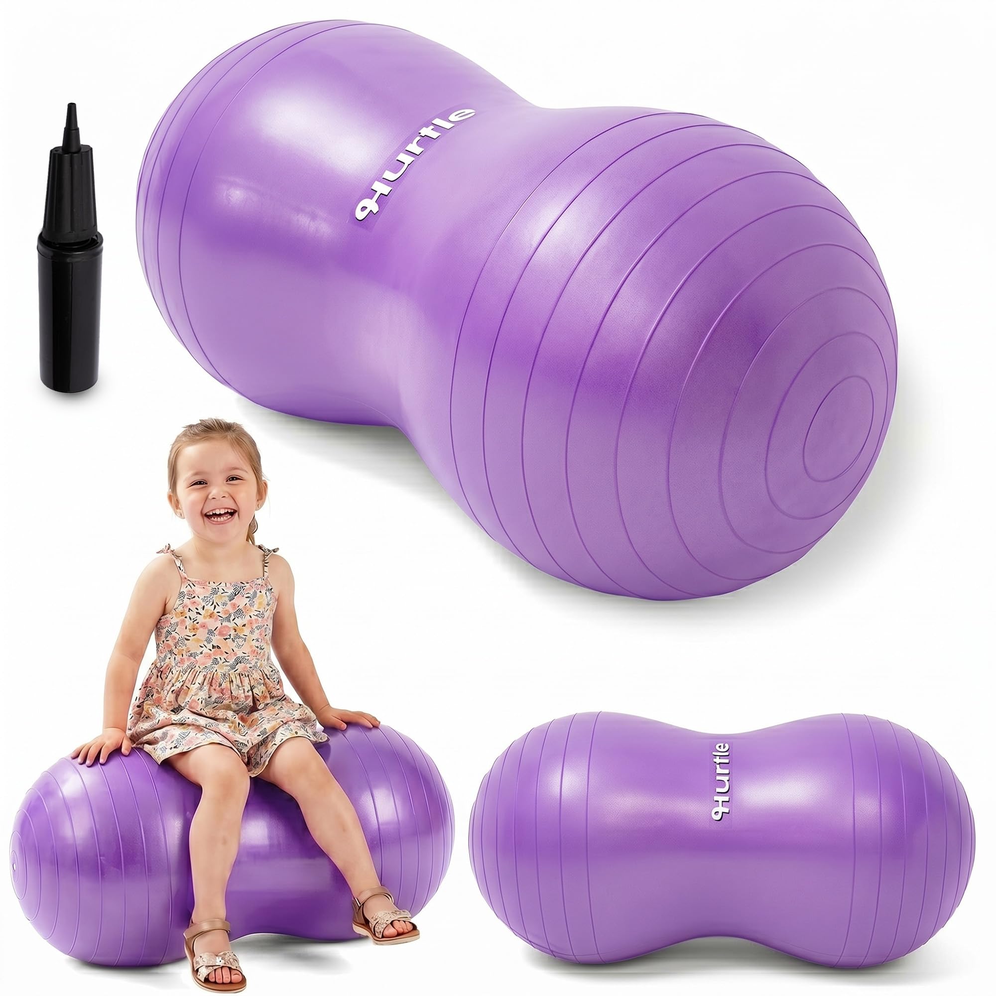 Hurtle Peanut Exercise Ball with Stable Cradling Shape for Sensory Support, Core Strength, Yoga, Stretching & Balance | Anti-Burst Peanut Ball for Kids & Adults | Pumps & Plugs Included | Purple