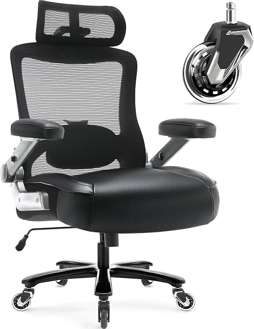 Big et Président du Bureau de haut niveau 600lbs avec 3D Flip Arms- Chaise haute en informatique avec support Lombar et dossier, chaise haute en mesh ergonomique Plus Chaise de taille pour adultes, siège extra large