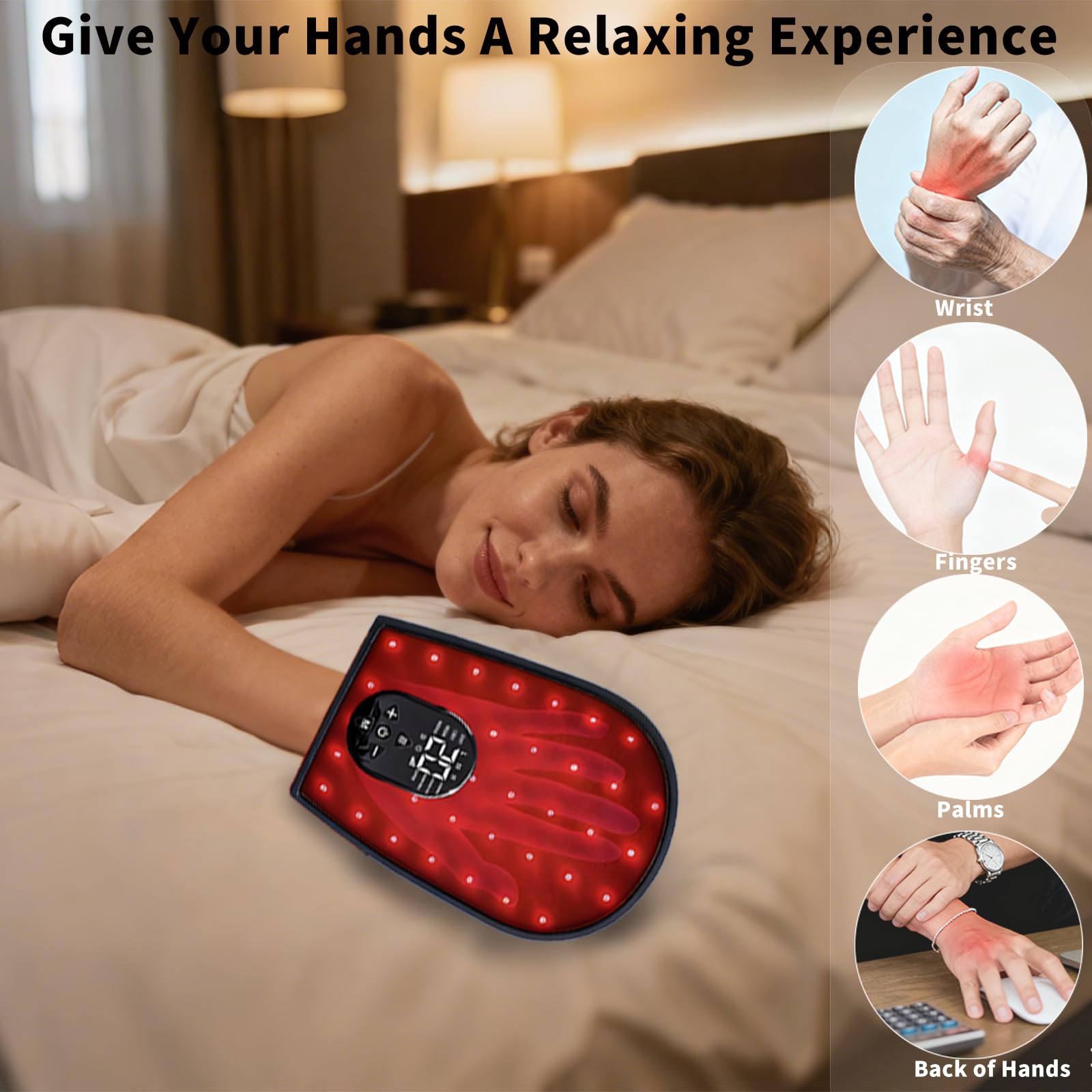 Gants de thérapie par lumière rouge pour les mains, appareil infrarouge, massage sans fil & 8 modes, 76 LEDs à lumière infrarouge proche 660nm & 850nm pour les doigts, la paume, le poignet