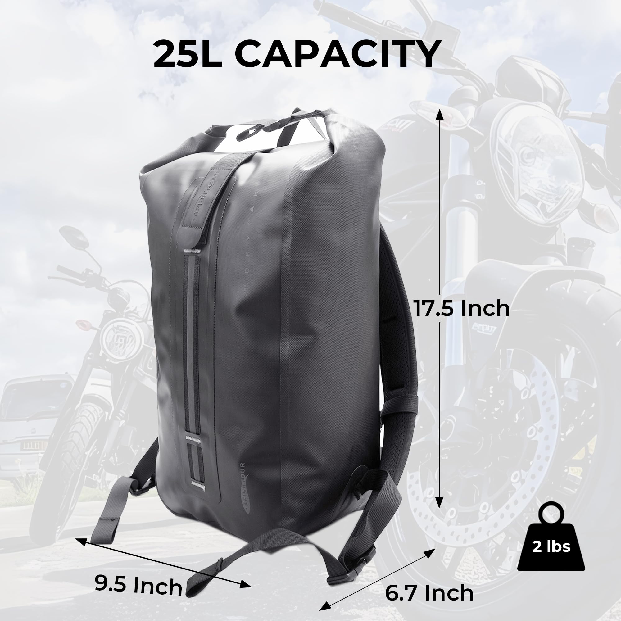 AFISHTOUR Waterproof Backpack for Men and Women - 25L Roll-Top Closure Backpack for Motorcycle, Kayaking, Rafting, Boating, Beach (Black)