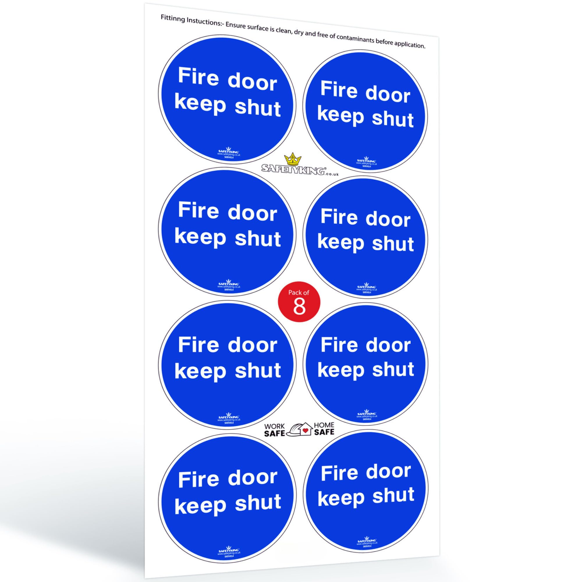 SAFETYKING® 8 x Fire Door Keep Shut Stickers 78mm Diameter, White, Blue, Small