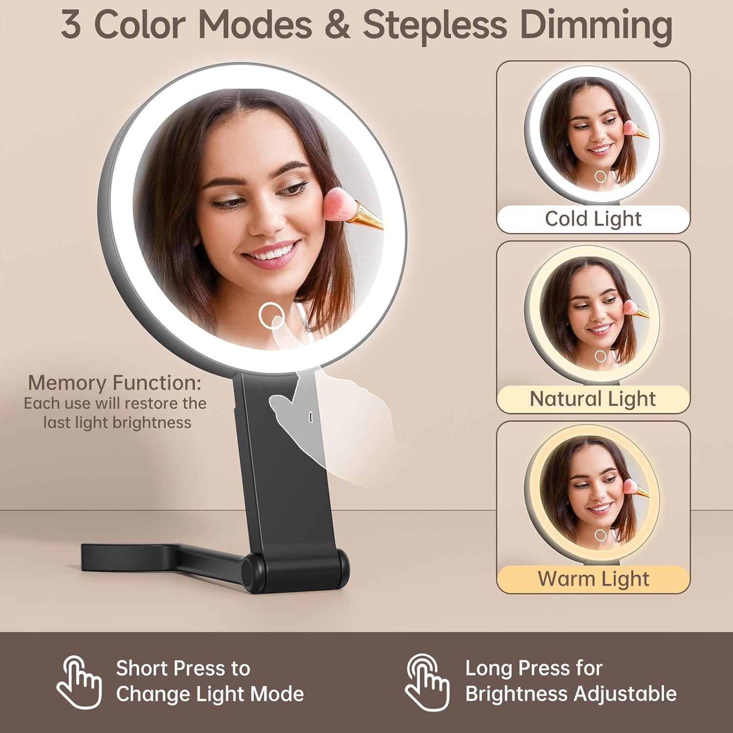 Travel Makeup Mirror with Light, Double Sided 10X /1X Magnifying Mirror with Light, Rechargeable Portable Lighted Beauty Mirror, 3 Color Lighting Dimmable Touch Screen,Hand Mirror Hanging Tabletop