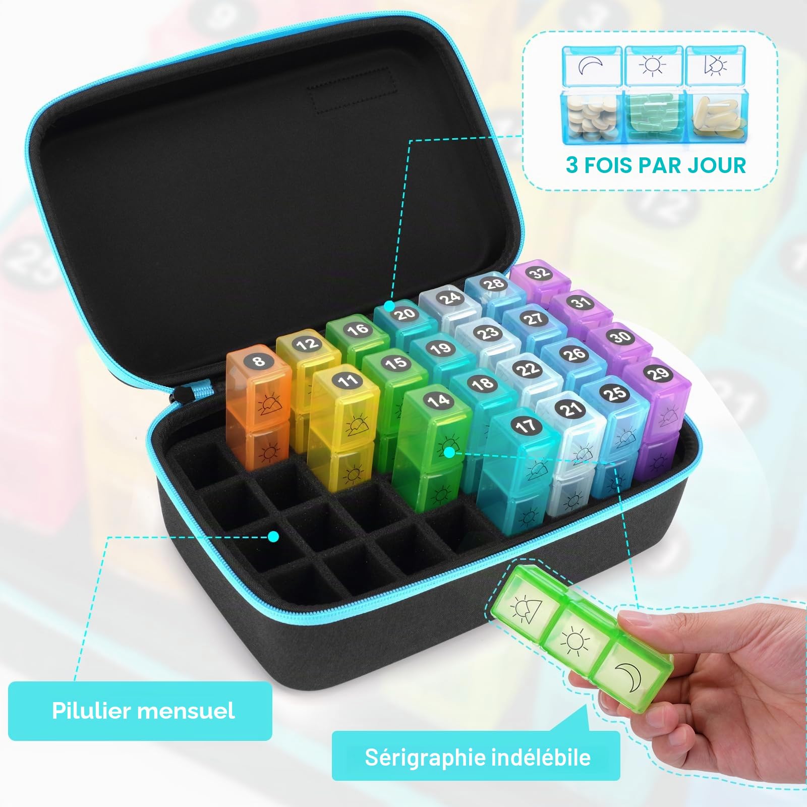 Pilulier mensuel 3 fois par jour avec étui de voyage portable, 32 compartiments quotidiens pour vitamines, suppléments et médicaments